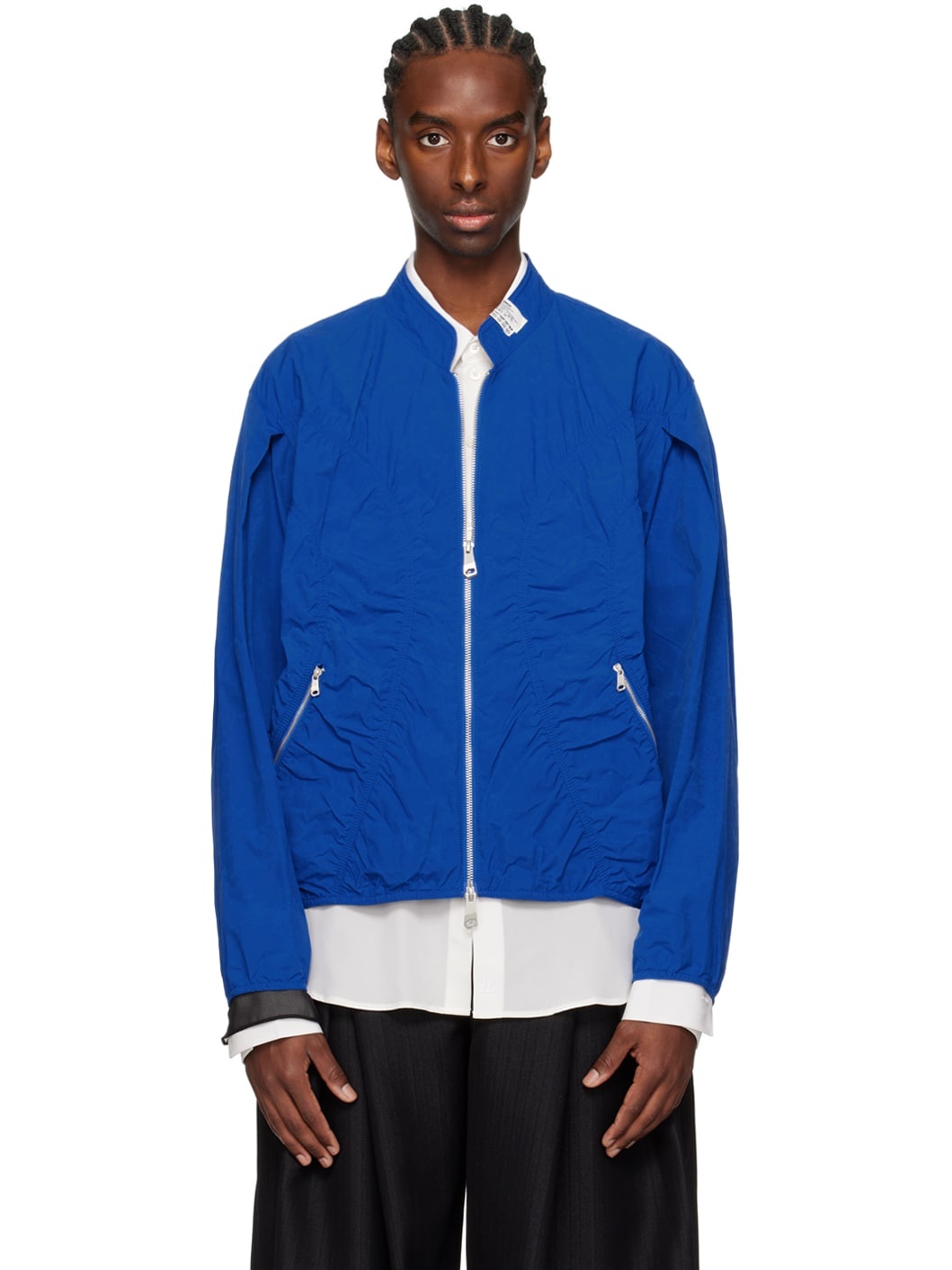 Blue Ruched Bomber Jacket - 1