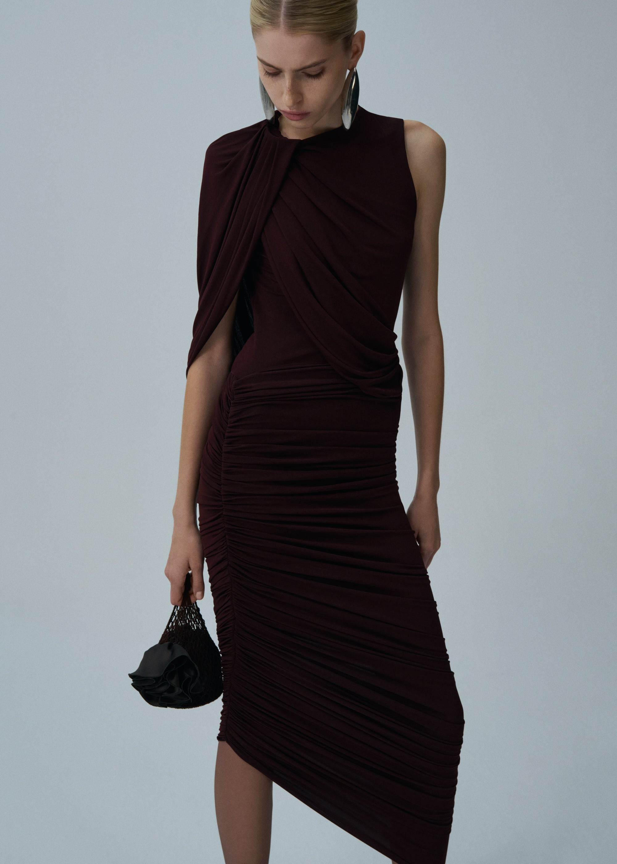 Asymmetric draped top in bordeaux - 3