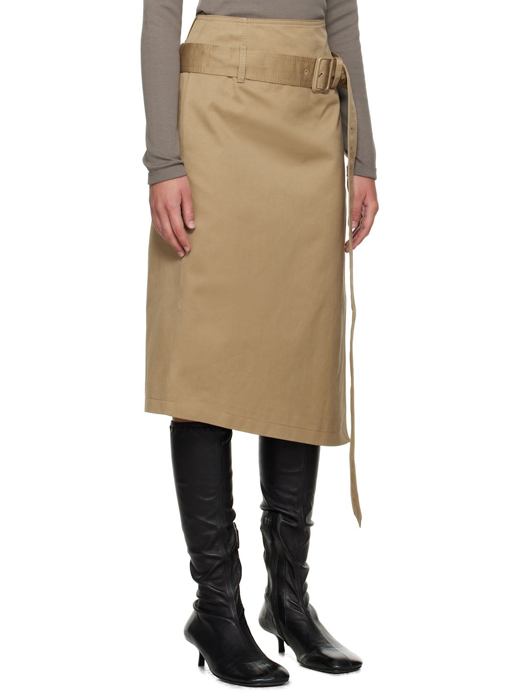 Beige Belted Twill Midi Skirt - 2