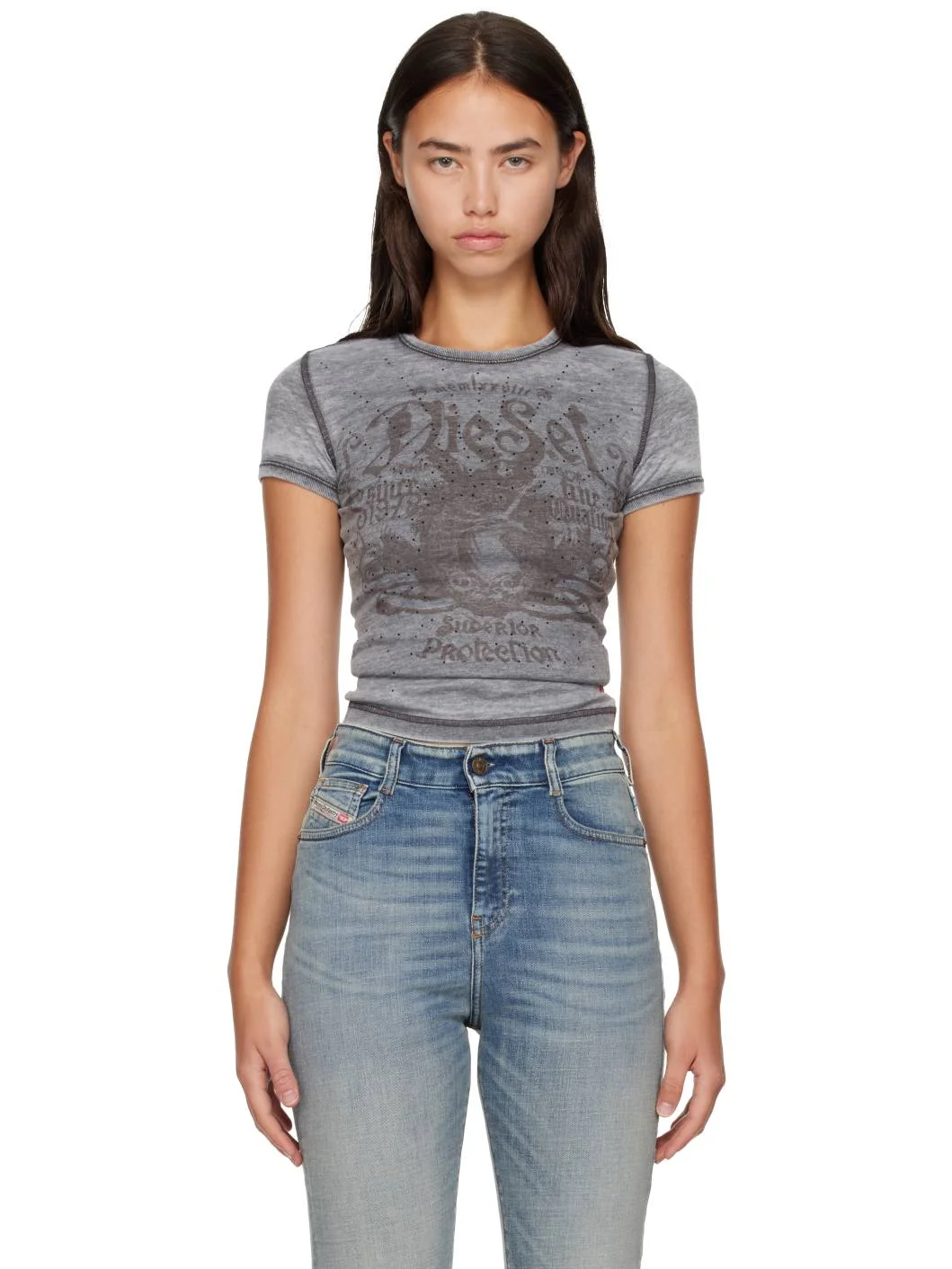 Gray Slim Jersey Print & Studs T-shirt - 1