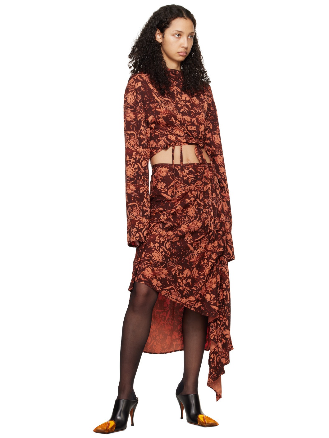 Burgundy & Orange Asymmetric Midi Skirt - 4