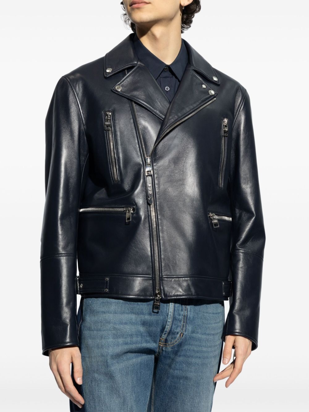 notched-lapels leather biker jacket - 3