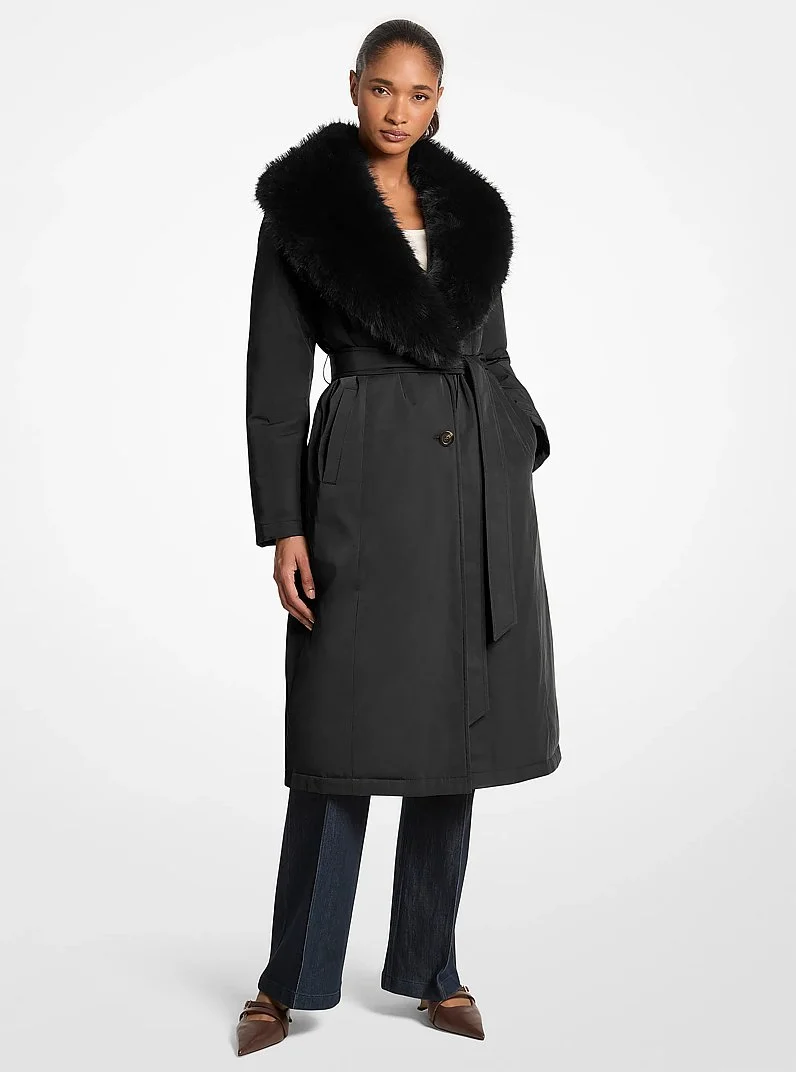 Faux Fur Collar Woven Belted Coat - 1