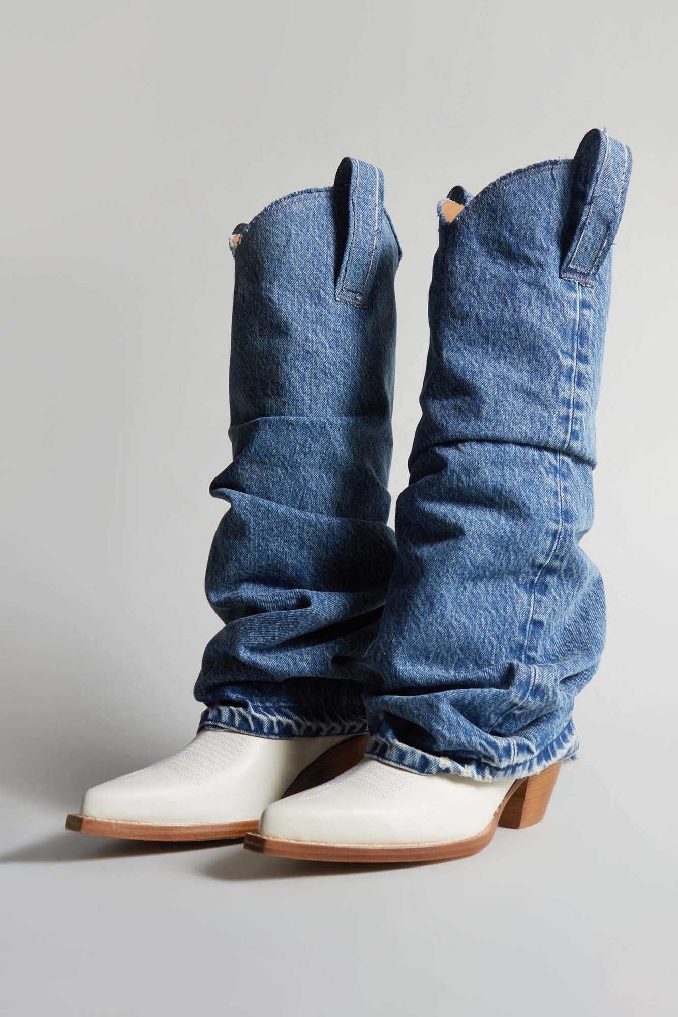 MID COWBOY BOOTS WITH DENIM SLEEVE - BLUE AND WHITE - 1