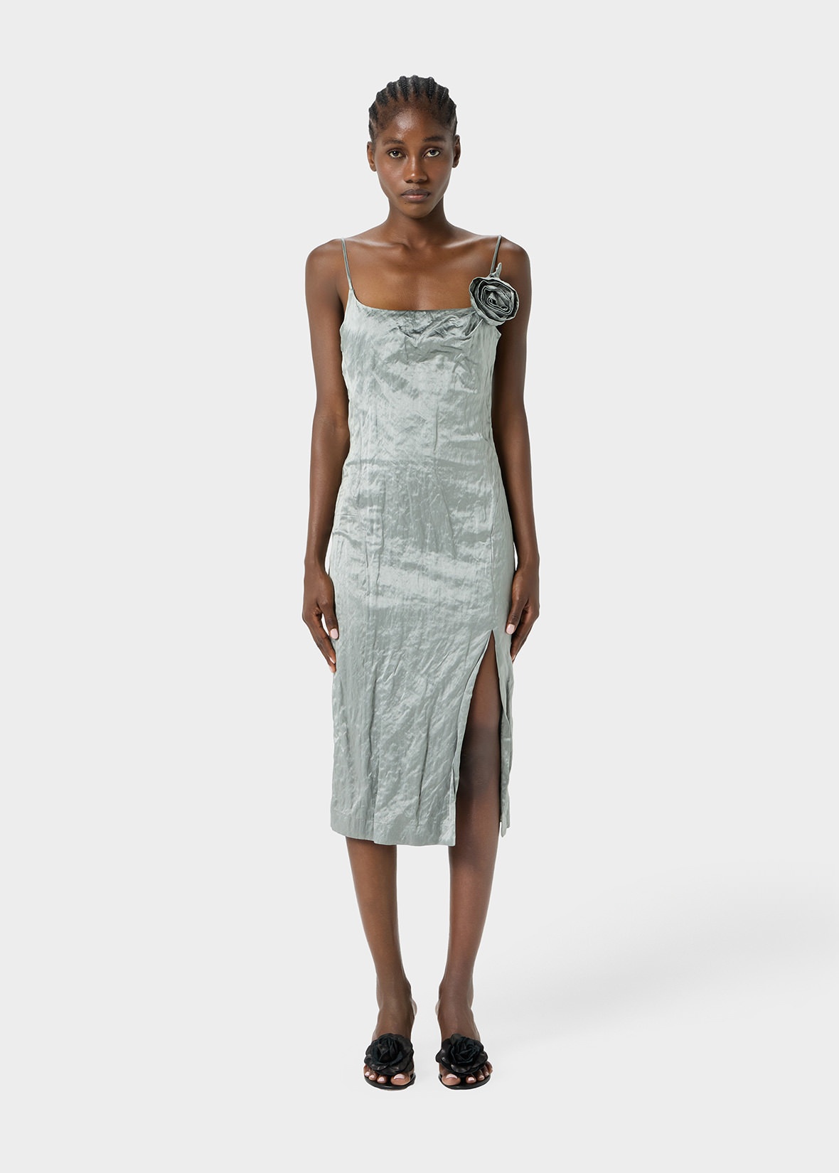 CRINKLED SATIN DRESS WITH 3D ROSES - 3