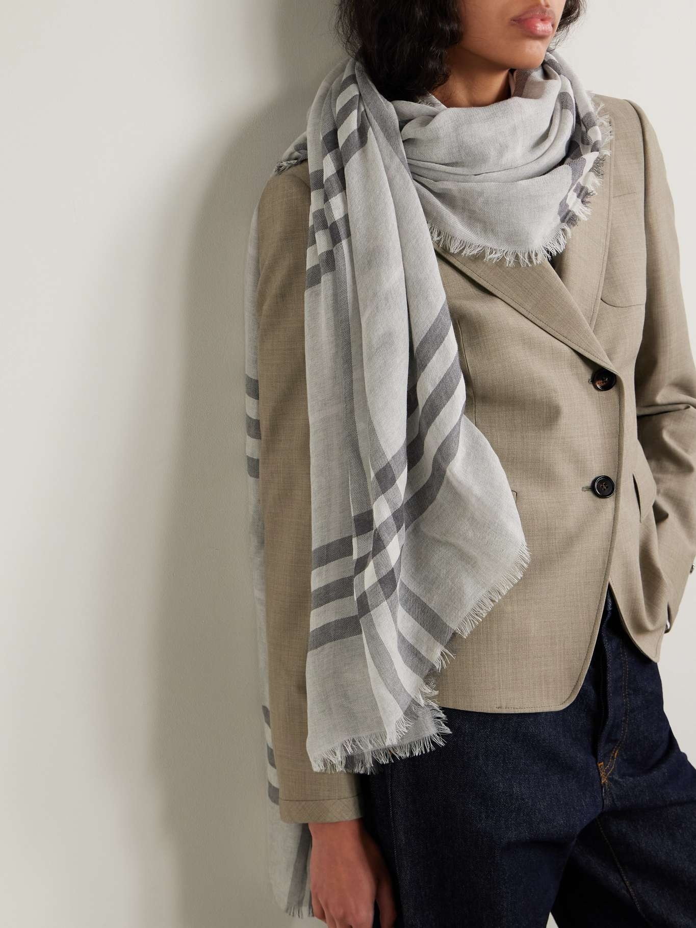 Fringed checked wool scarf Gray - 2