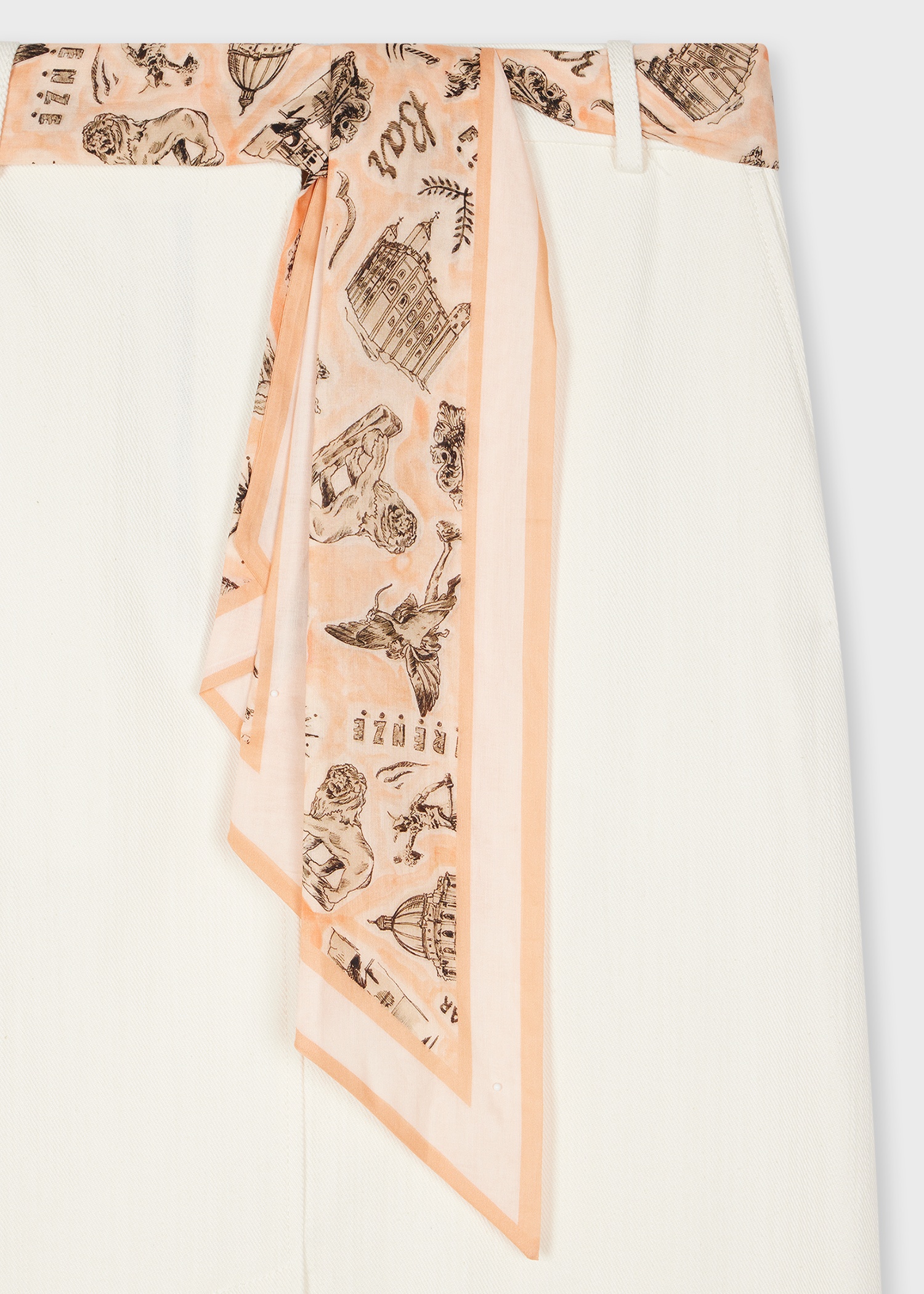 Women's White Denim Midi Skirt with Seasonal Print Scarf Belt - 2