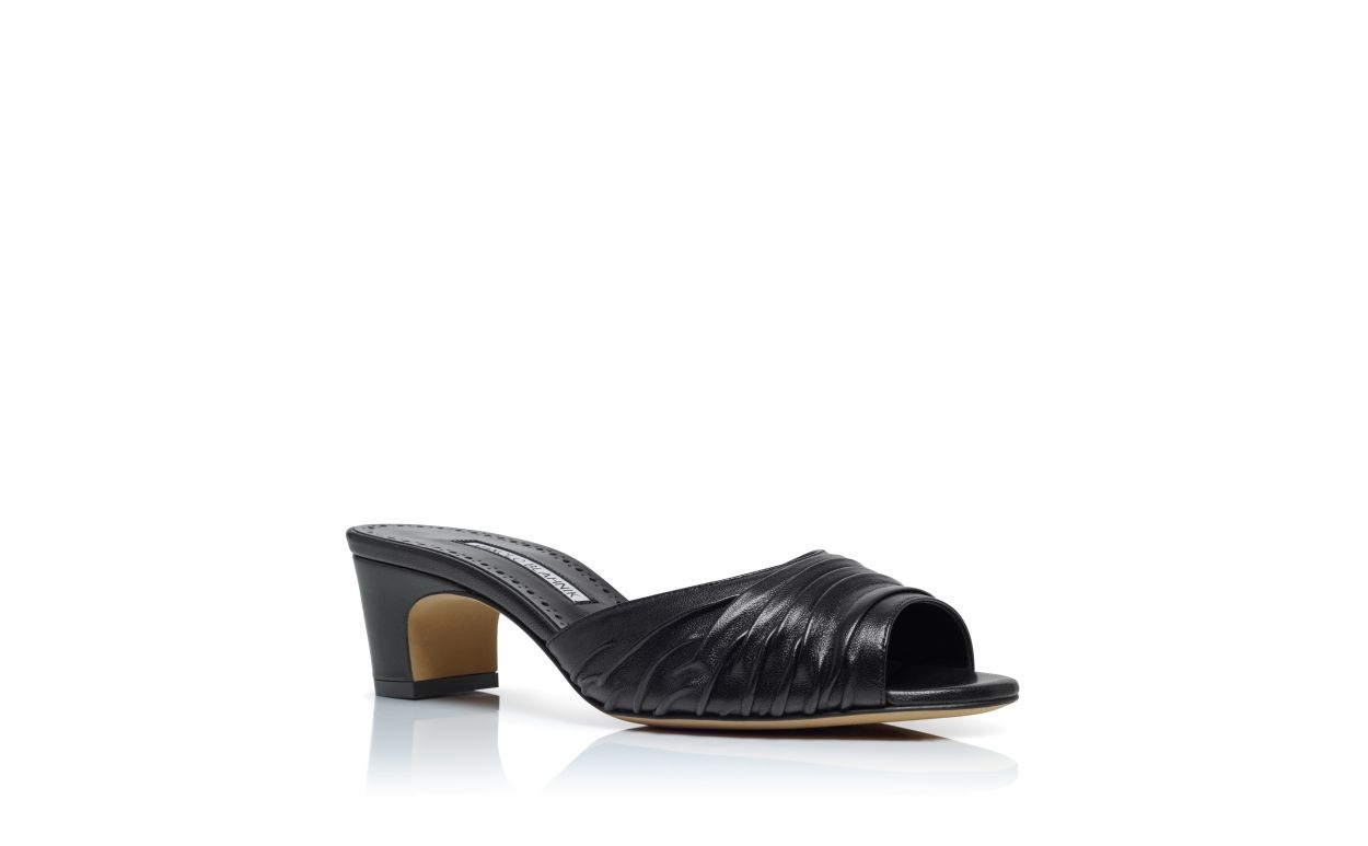 Black Nappa Leather Ruched Open Toe Mules - 3