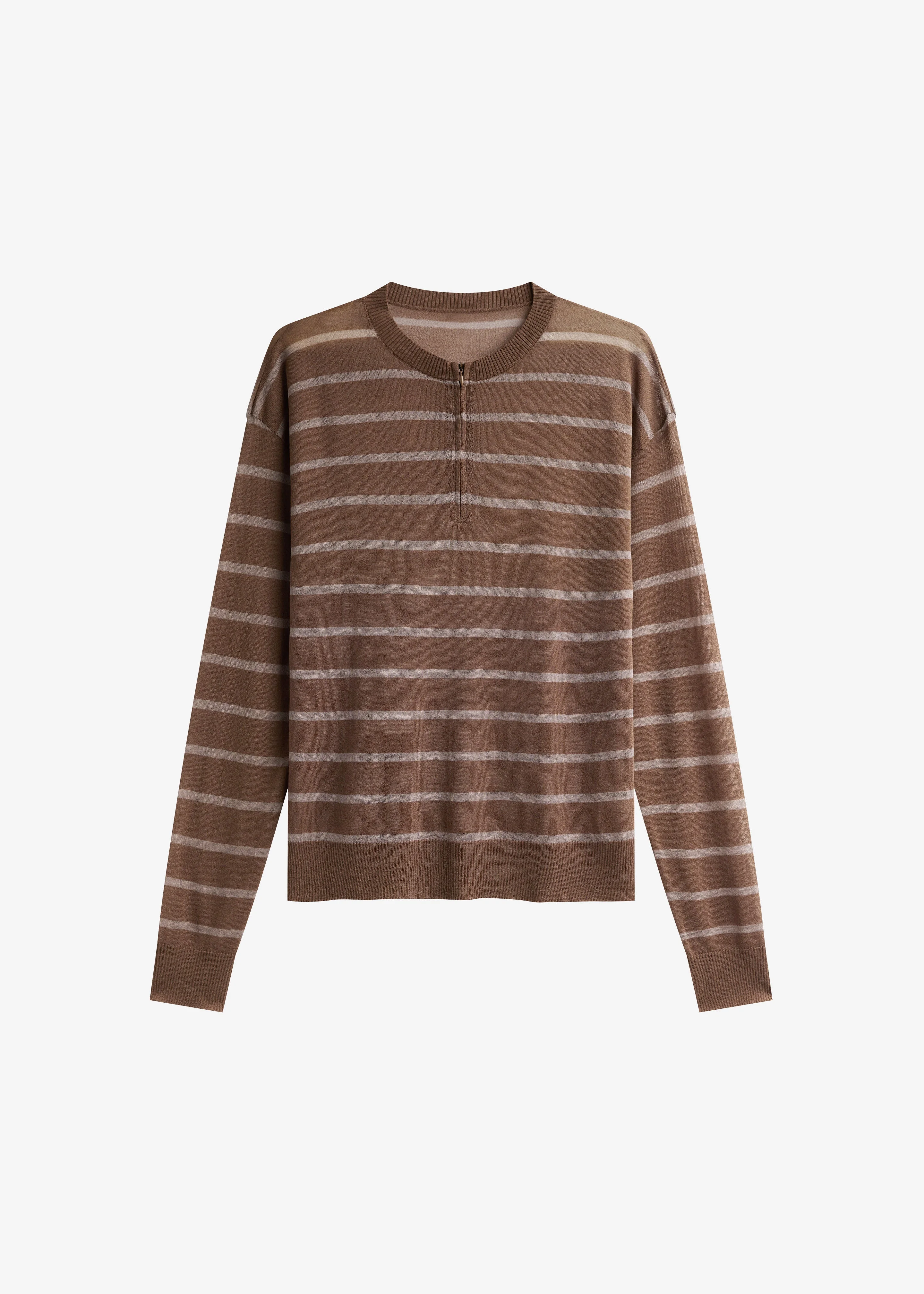 Nelas Knit Sheer Zip Pullover - Brown Stripe - 1