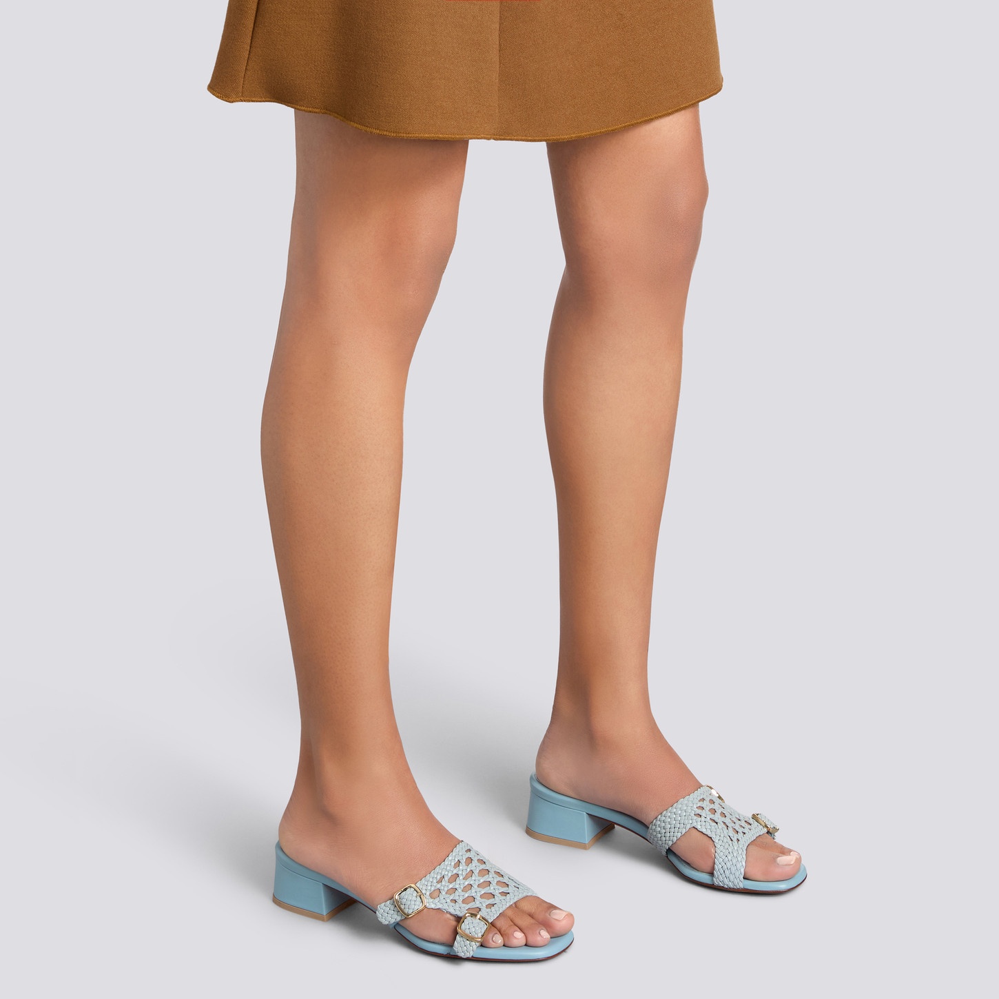Women's light blue woven leather double-buckle Didi slide sandal - 2