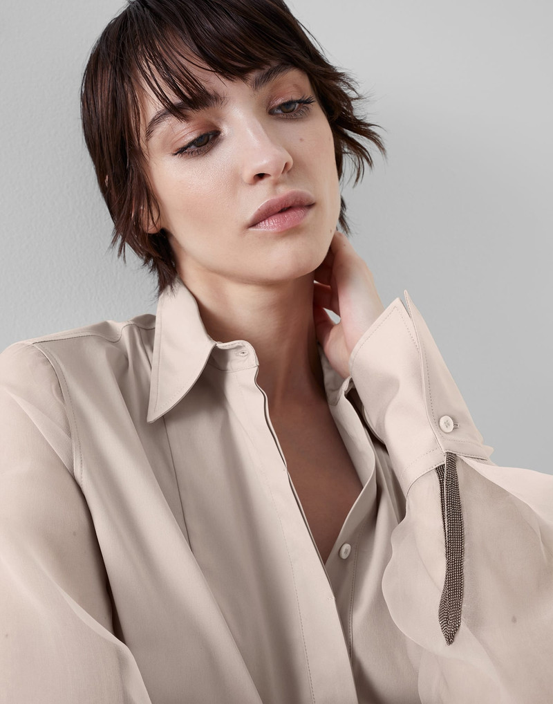 Stretch cotton poplin shirt with bib, crispy silk sleeves and shiny cuffs 3