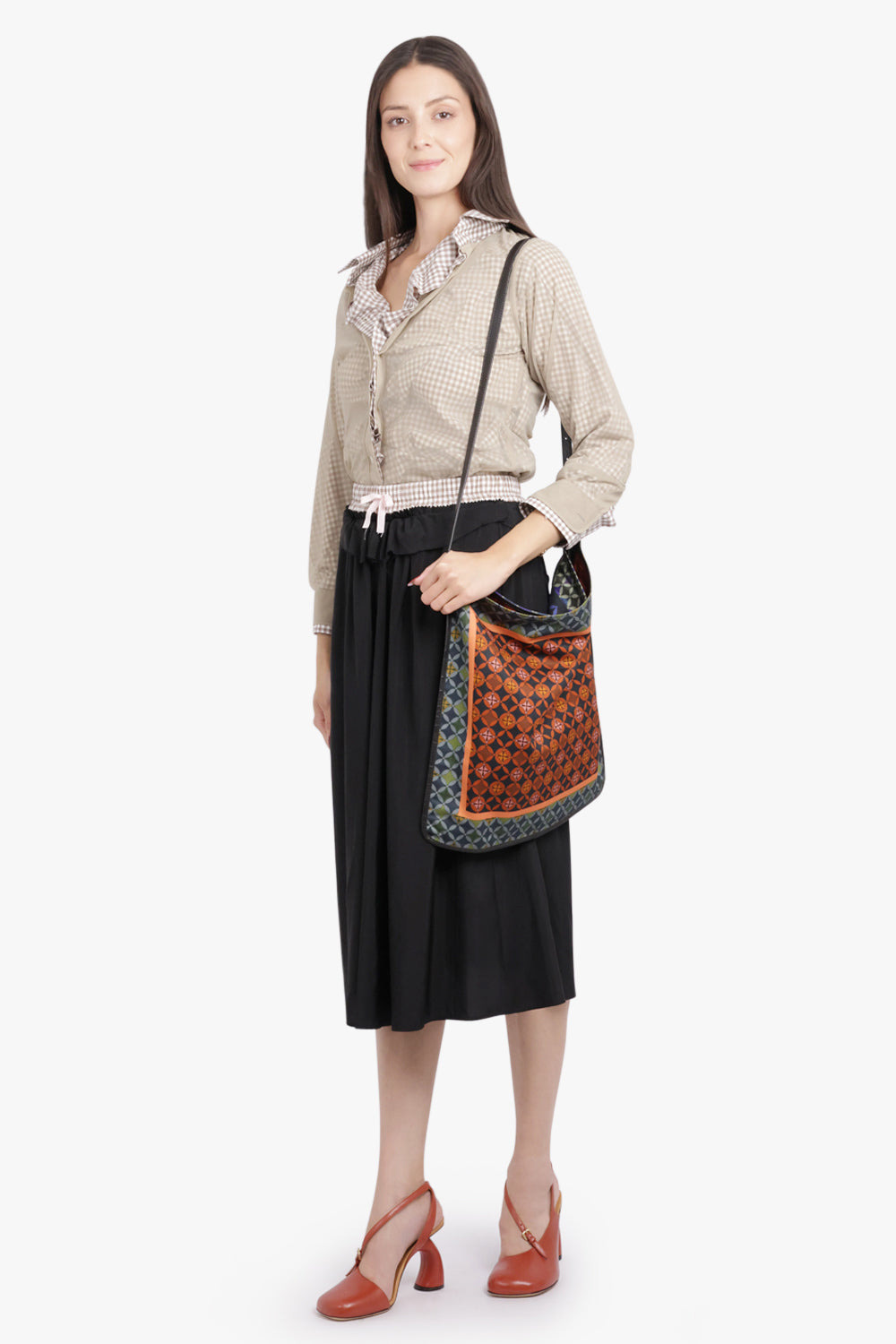 GEOMETRIC PRINT MEDIUM HOBO BAG WITH BELT STRAP | PURPLE/GREEN/RED - 5