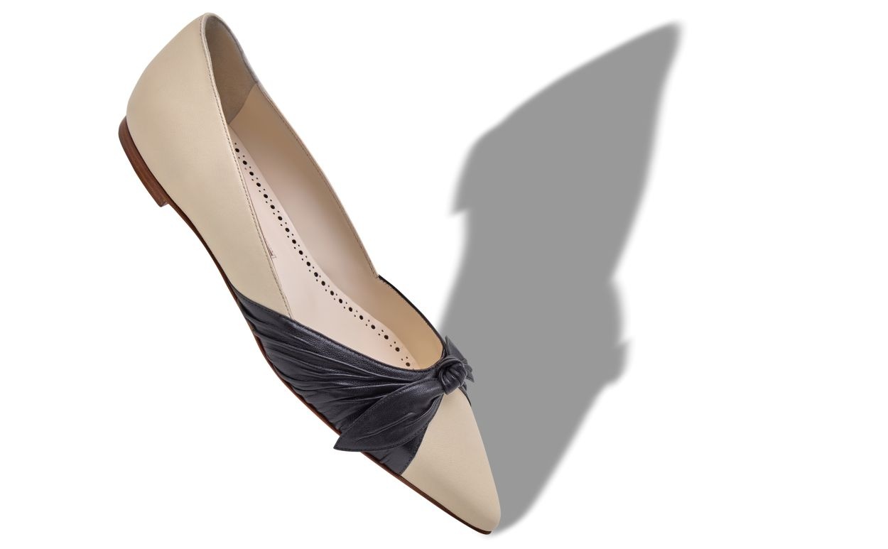 Cream and Black Nappa Leather Flat Pumps - 2