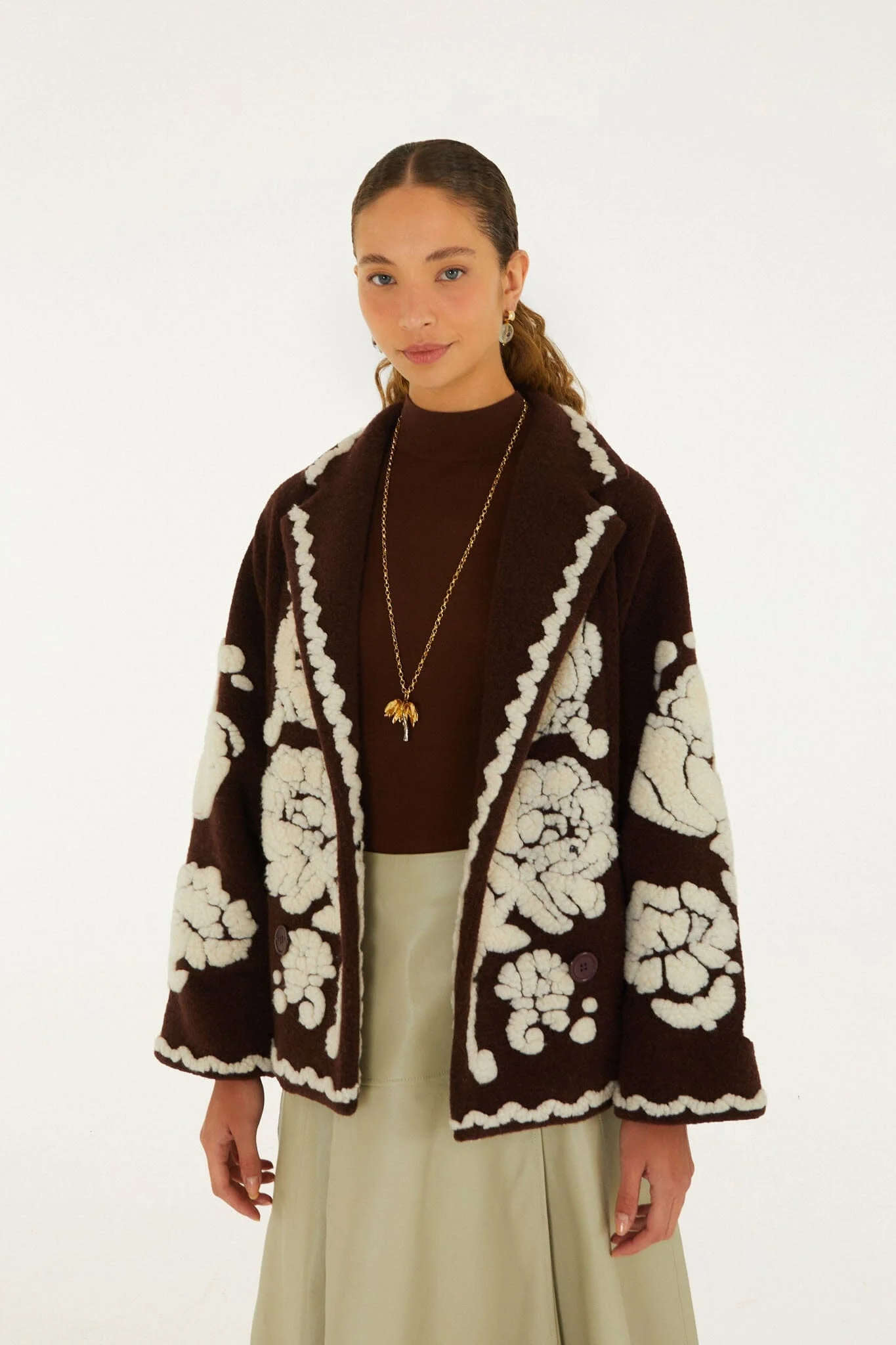 Flowers Pockets Crop Fleece Coat - 1