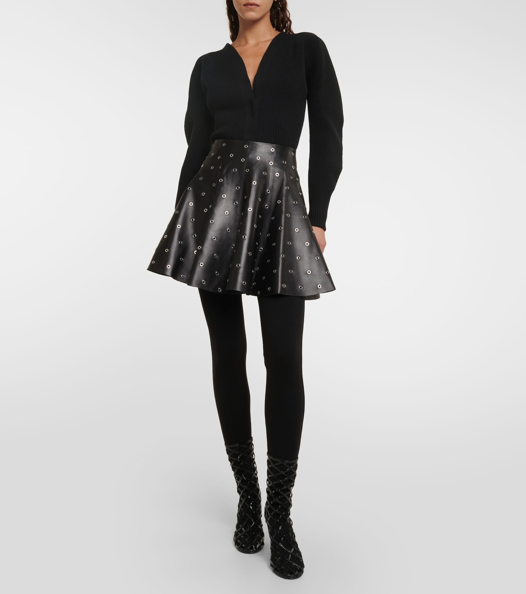 Eyelet embellished leather miniskirt - 2