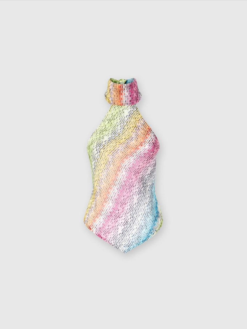 Sleeveless turtleneck top in printed cotton and silk blend 1