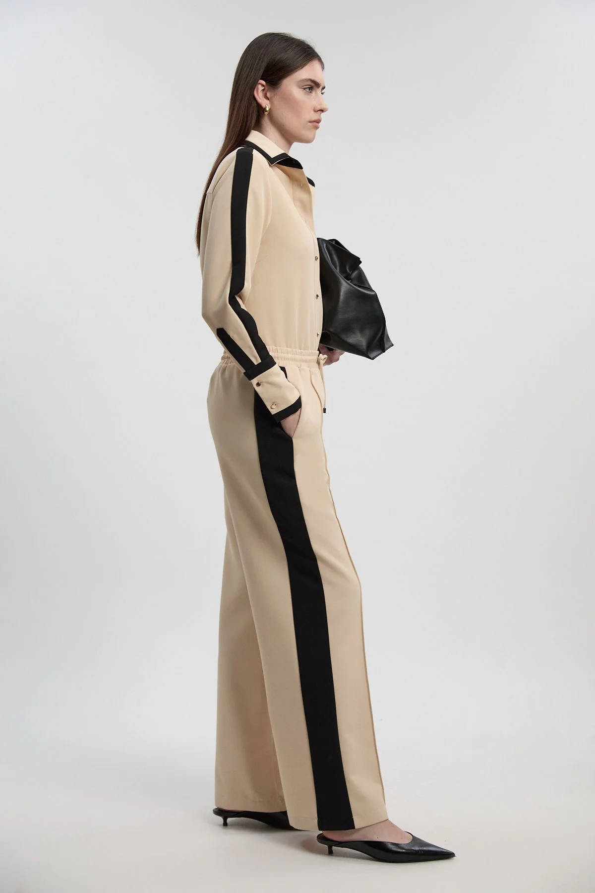 Twill Contrast Woven Wide Leg Trousers - 1