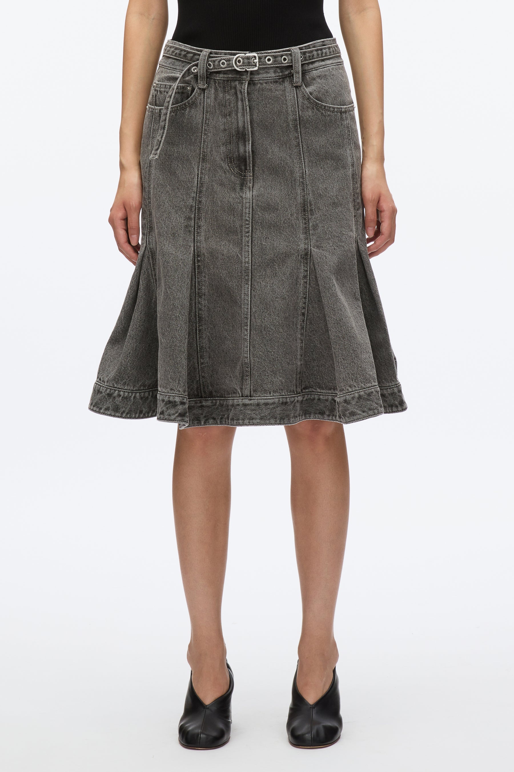 Flounce Hem Belted Denim Skirt - 2