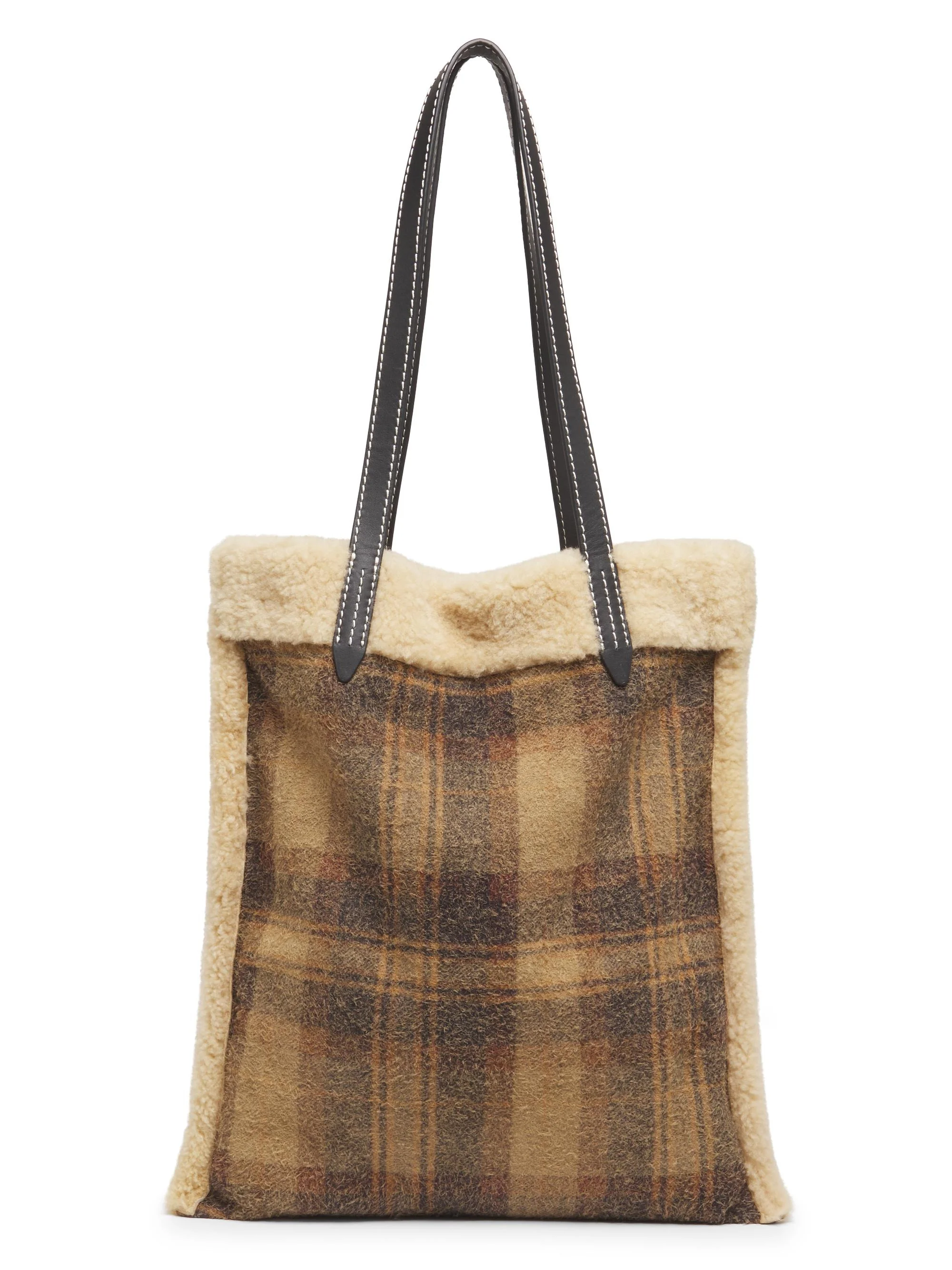 Women's Slim Shearling-Trim Plaid Tote Bag - Brown - 1