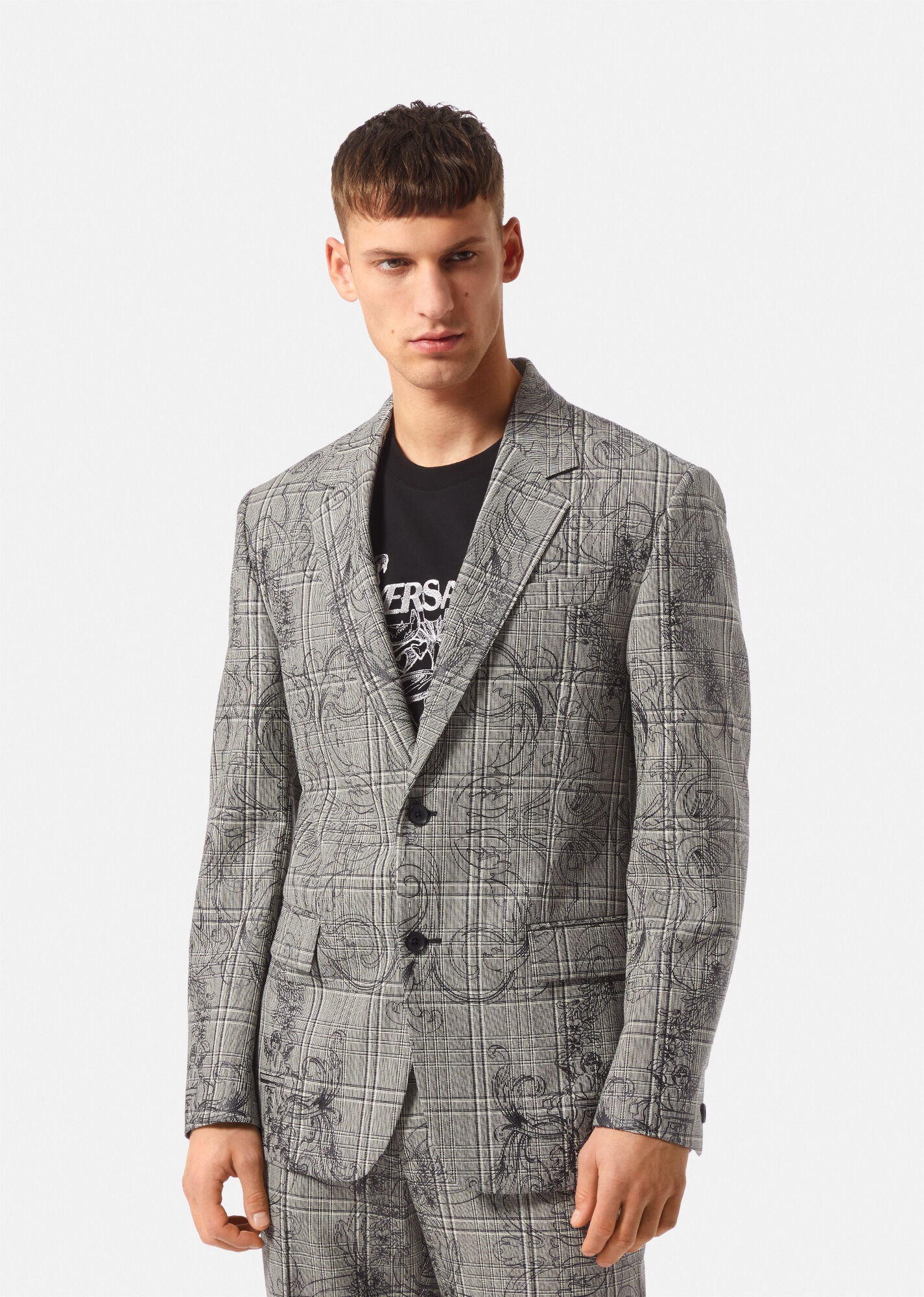 Silver Baroque Checked Wool Blazer - 3