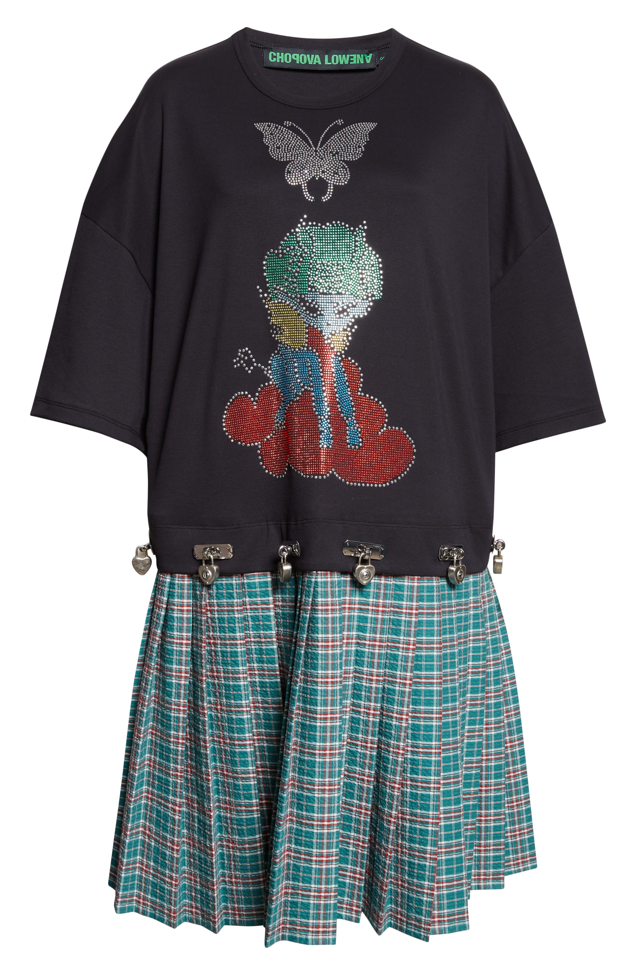 Chopova Lowena Spaced Out Crystal Embellished T-Shirt Dress in Black And Green Tartan at Nordstrom - 1