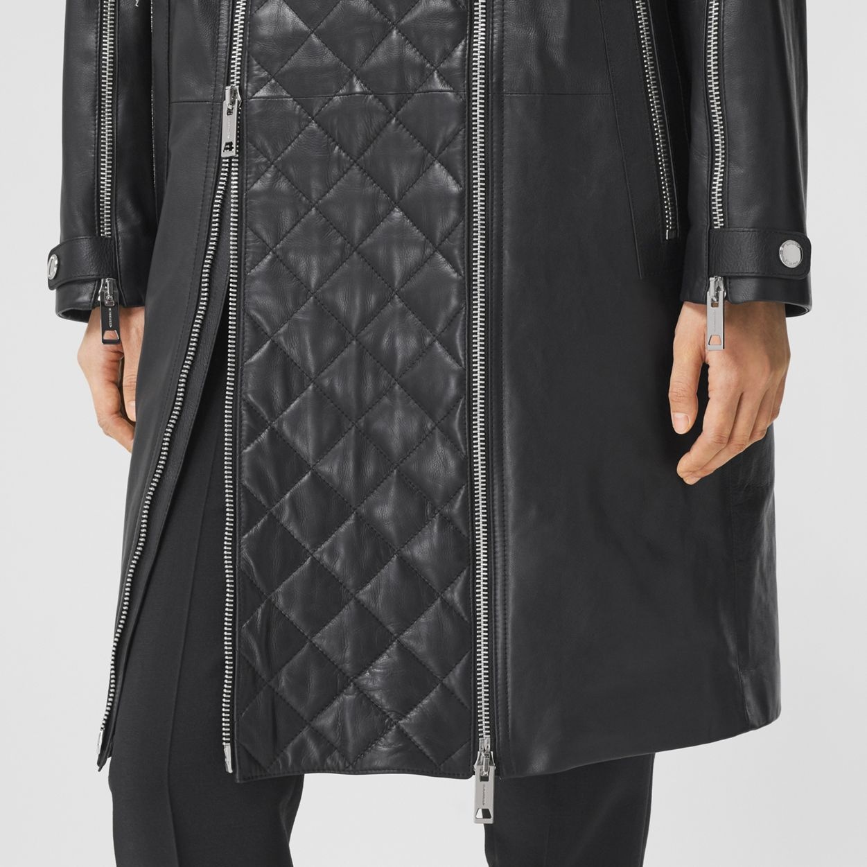 Detachable Diamond Quilted Panel Leather Car Coat - 8