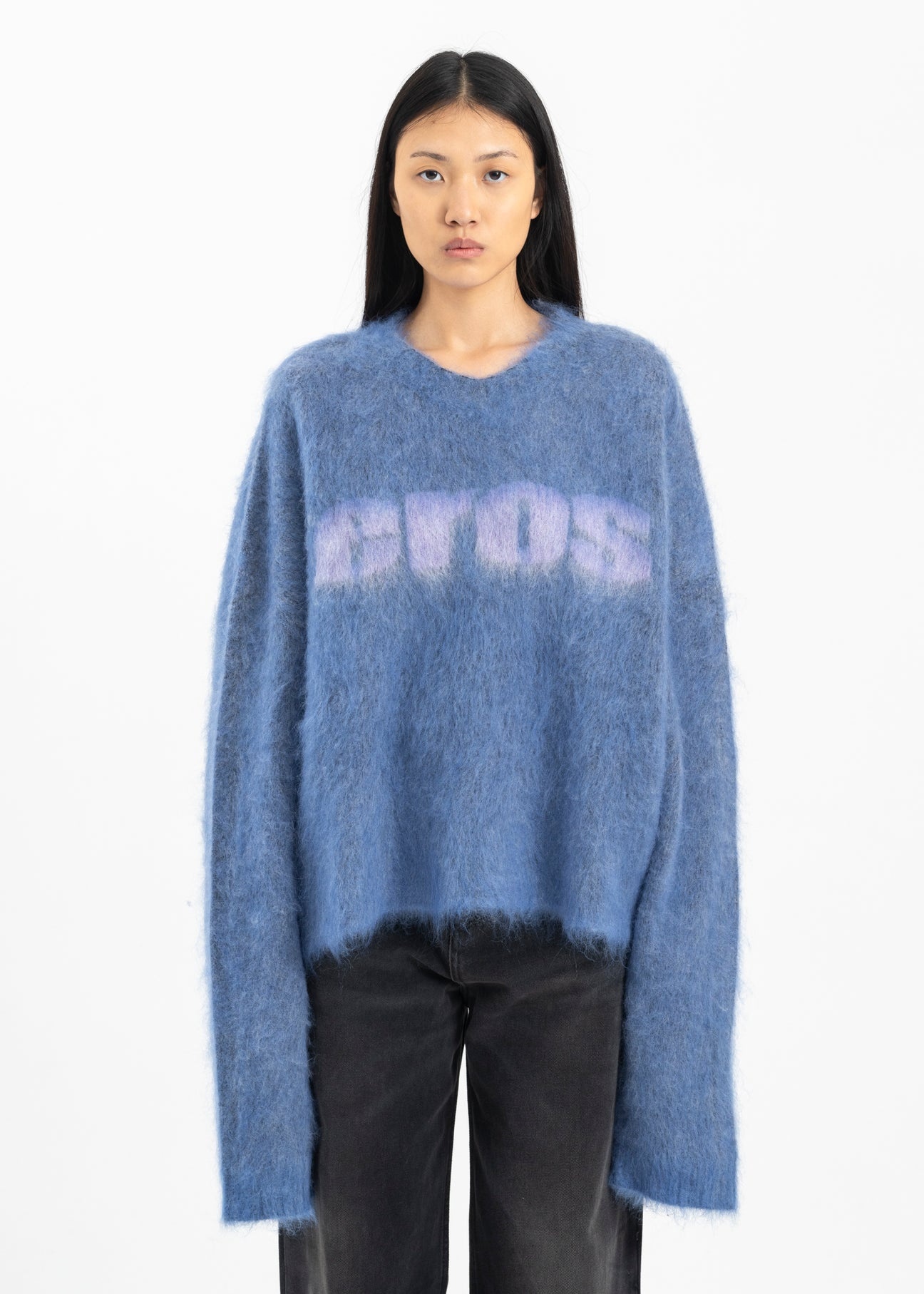 Martine Rose BLUE/LILAC BRUSHED MOHAIR EROS V-NECK JUMPER | REVERSIBLE