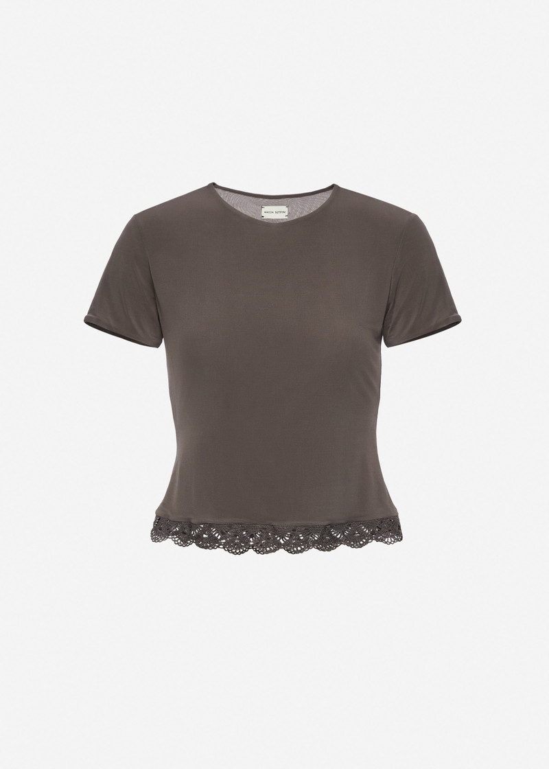 Fitted t-shirt with crochet trim in brown 1