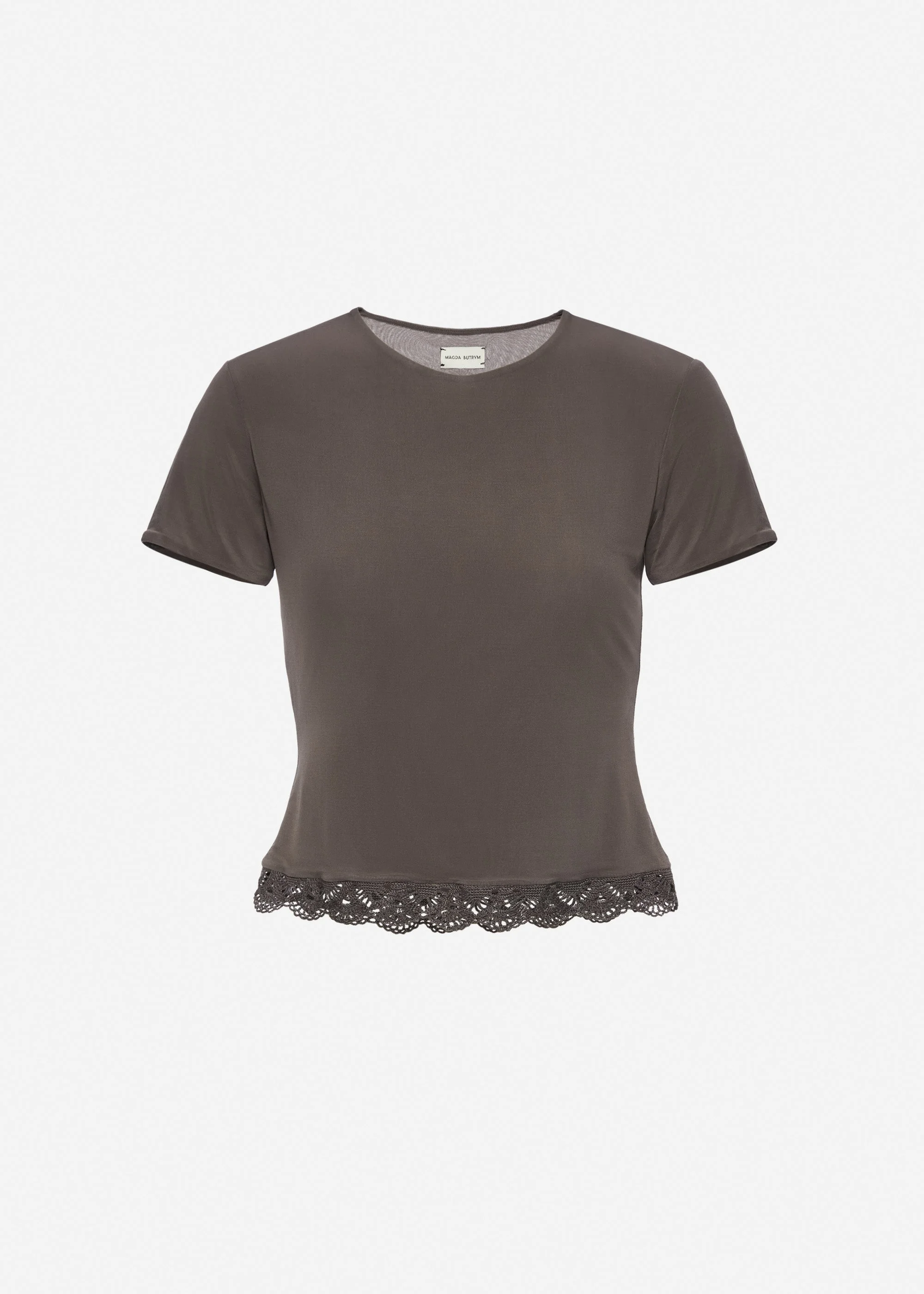 Fitted t-shirt with crochet trim in brown - 1