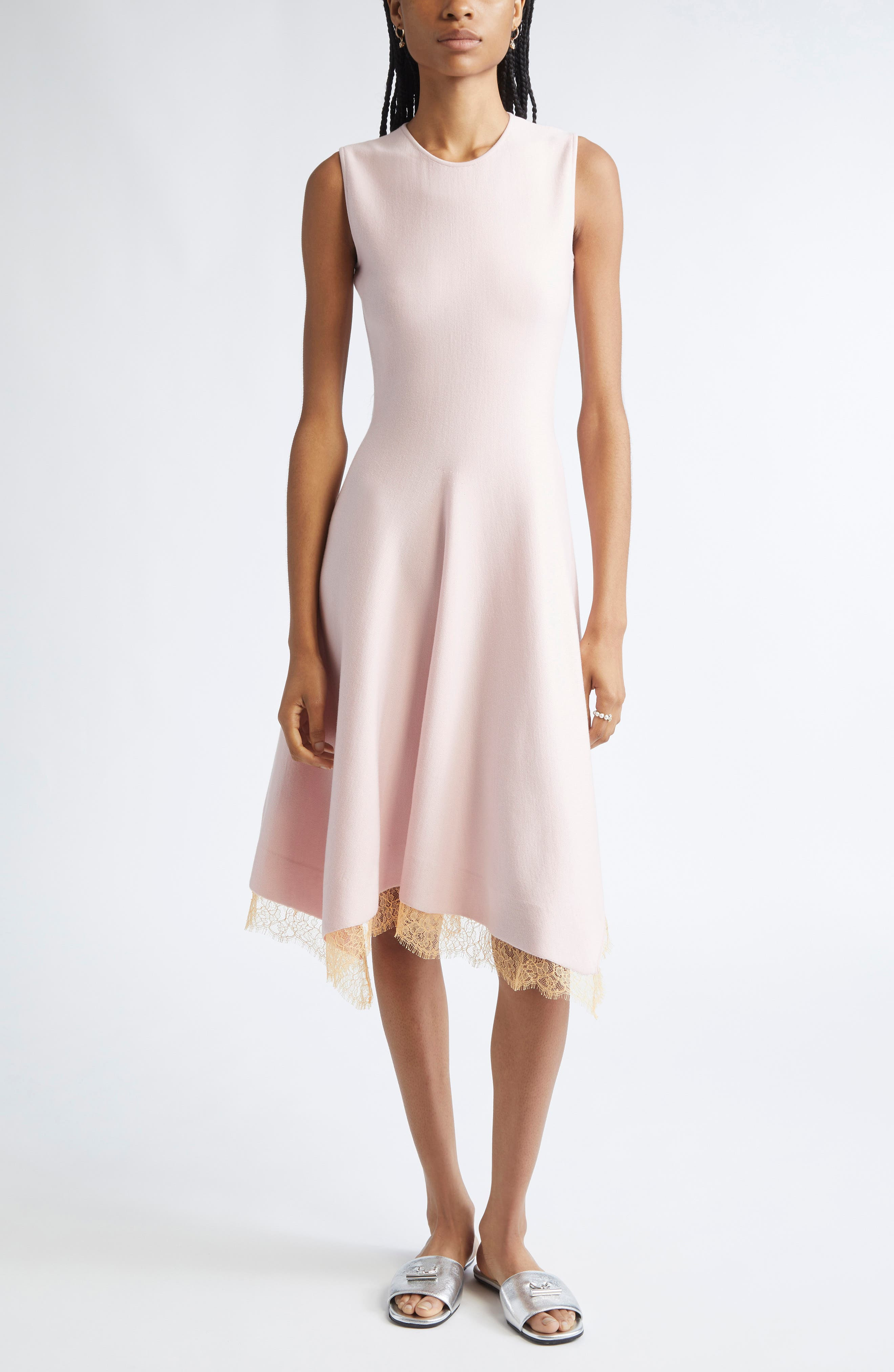 McQueen Lace Trim Asymmetric Wool Blend Knit Dress in Rose/Peach at Nordstrom - 1