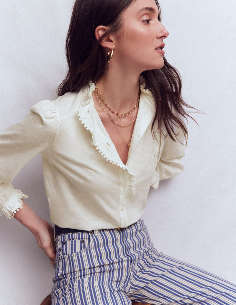 Emily Pom Detail Ruffle Shirt-Ivory 2