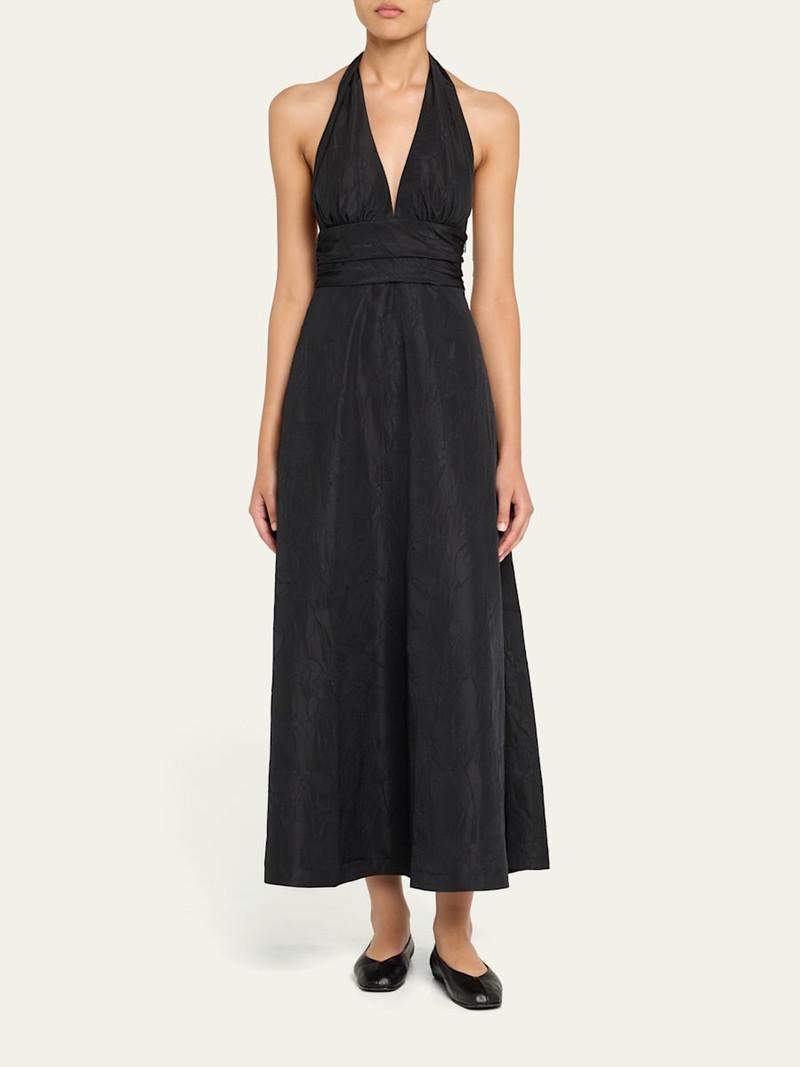 BERNADETTE Marylin Camelia Embossed Cotton Midi Halter Dress outlook