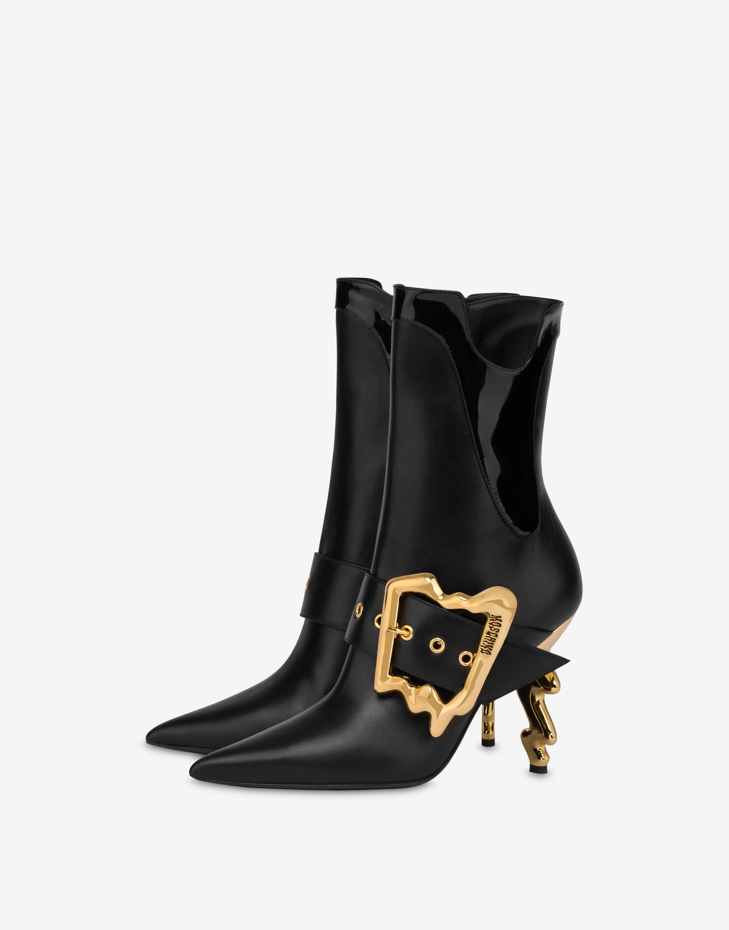 MORPHED BUCKLE CALFSKIN AND PATENT LEATHER ANKLE BOOTS - 1