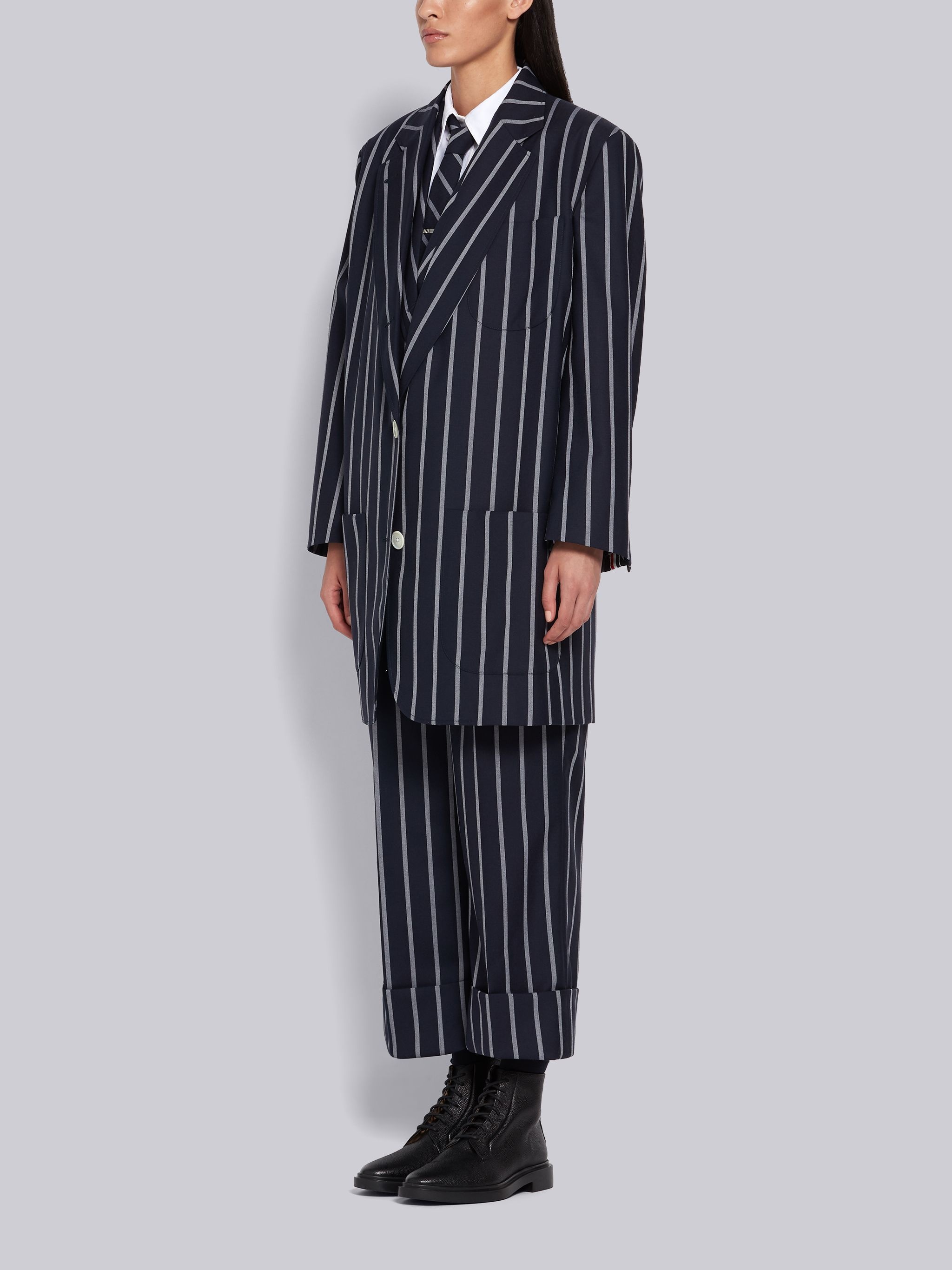 Navy Wool Banker Stripe Super Sized Sack Jacket - 2