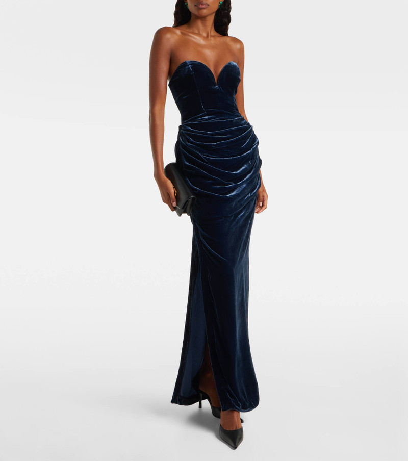 ROTATE Vilma draped strapless velvet gown outlook