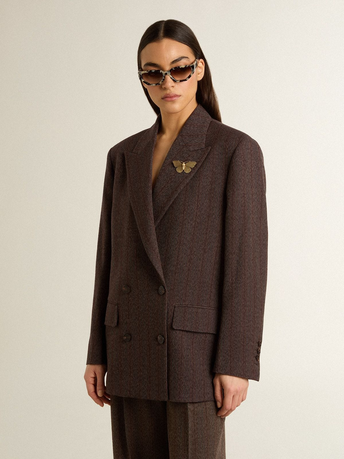 Women's double-breasted blazer in dark brown wool with thin stripe pattern - 2