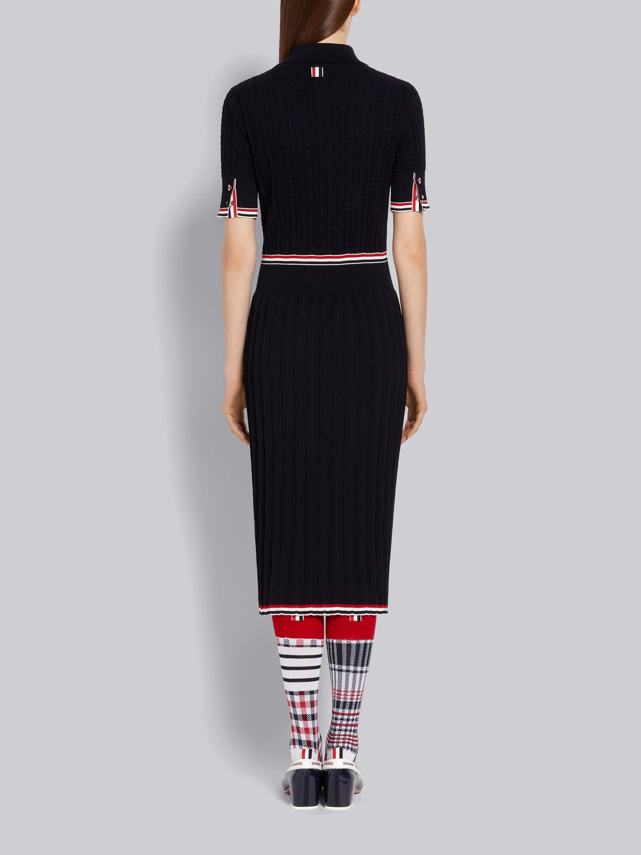 Navy Cable Texture Overtwisted Cotton Stripe Framing and Waistband Pleated Below the Knee Polo Dress - 3