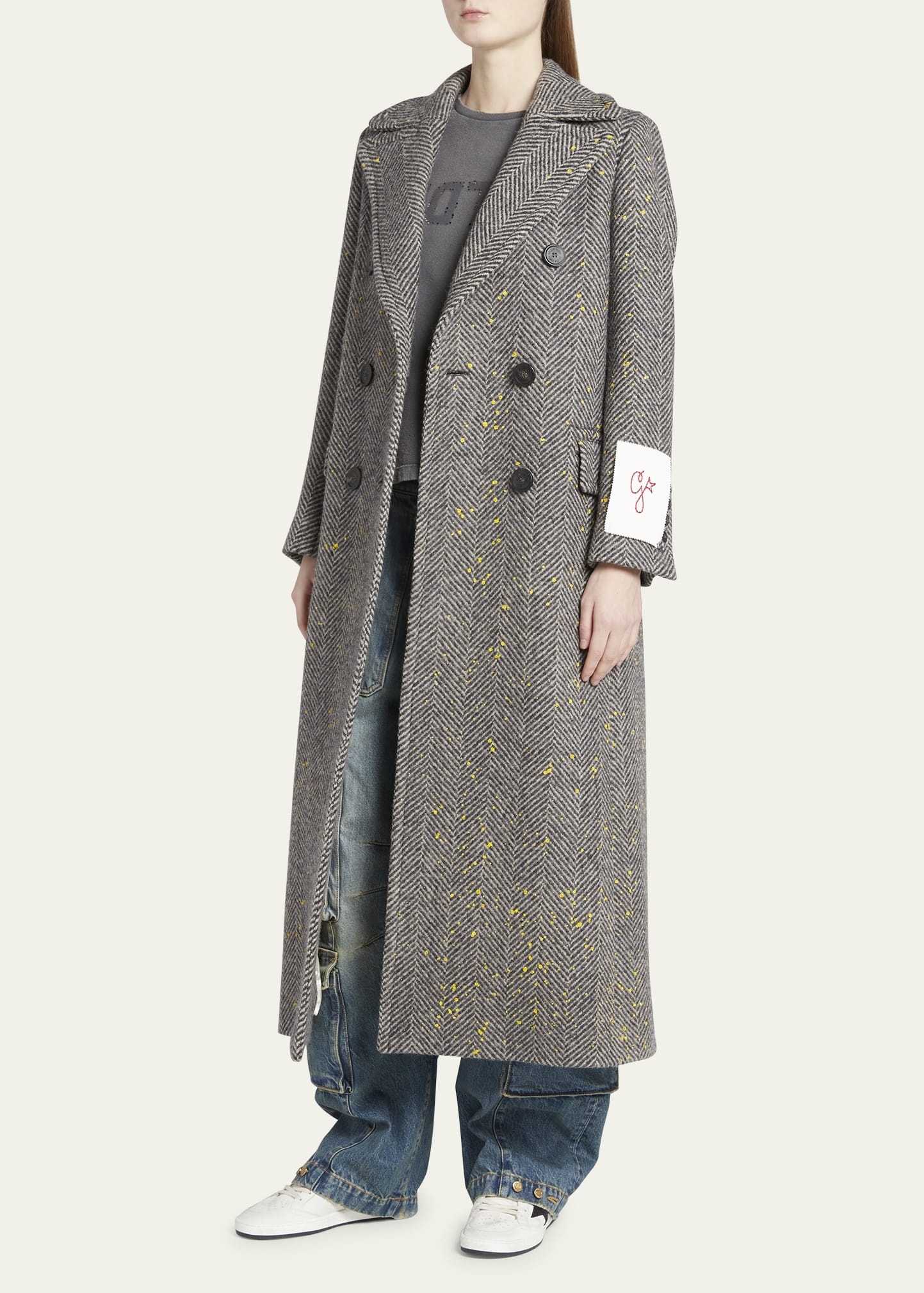 Double-Breasted Handpainted Chevron Wool Trench Coat - 4