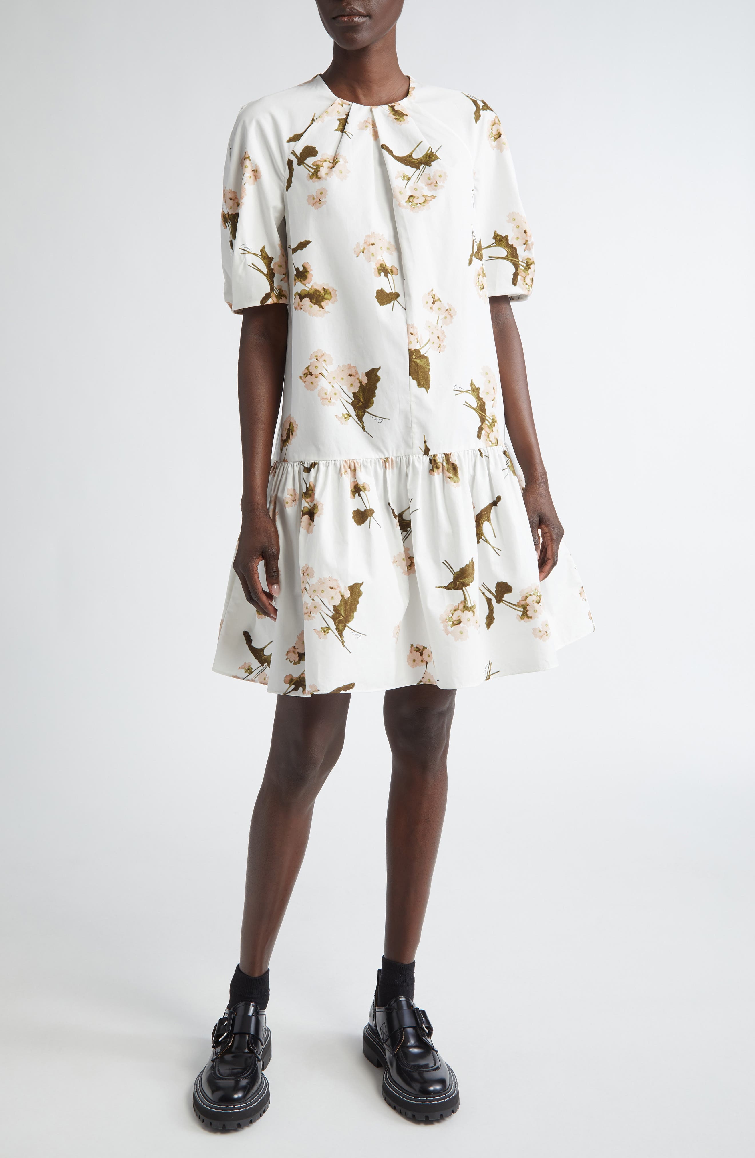 Erdem Floral Print Drop Waist Cotton Poplin Dress in Elena Garden White at Nordstrom - 1