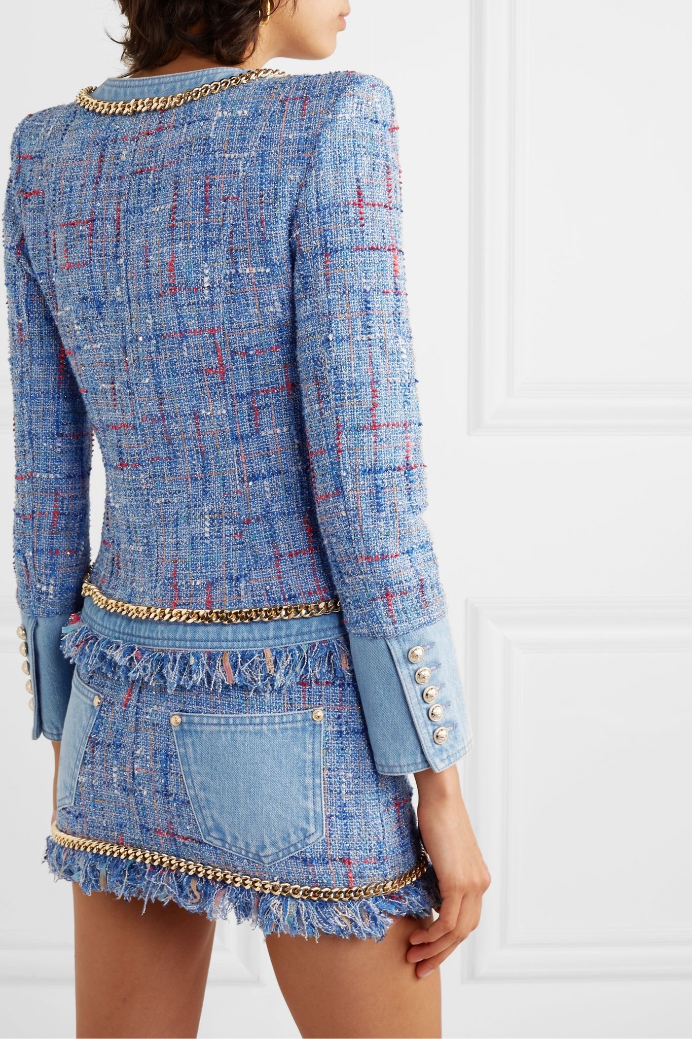 Chain-embellished cotton-tweed and denim blazer - 4