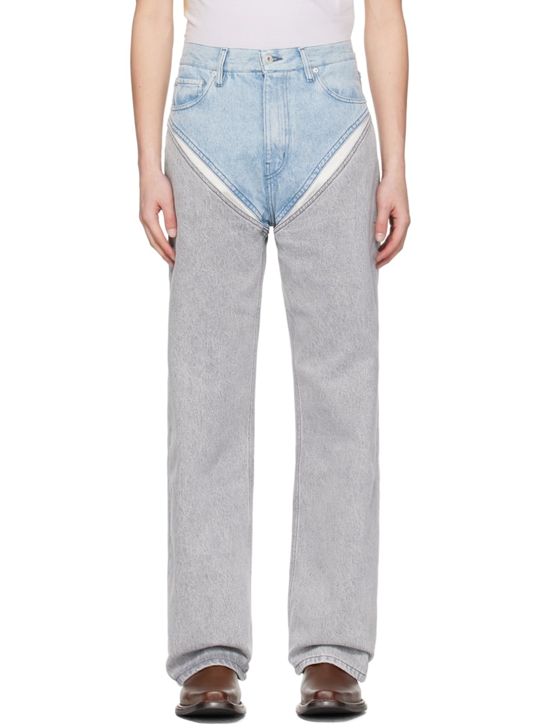 Blue & Gray Cutout Jeans - 1