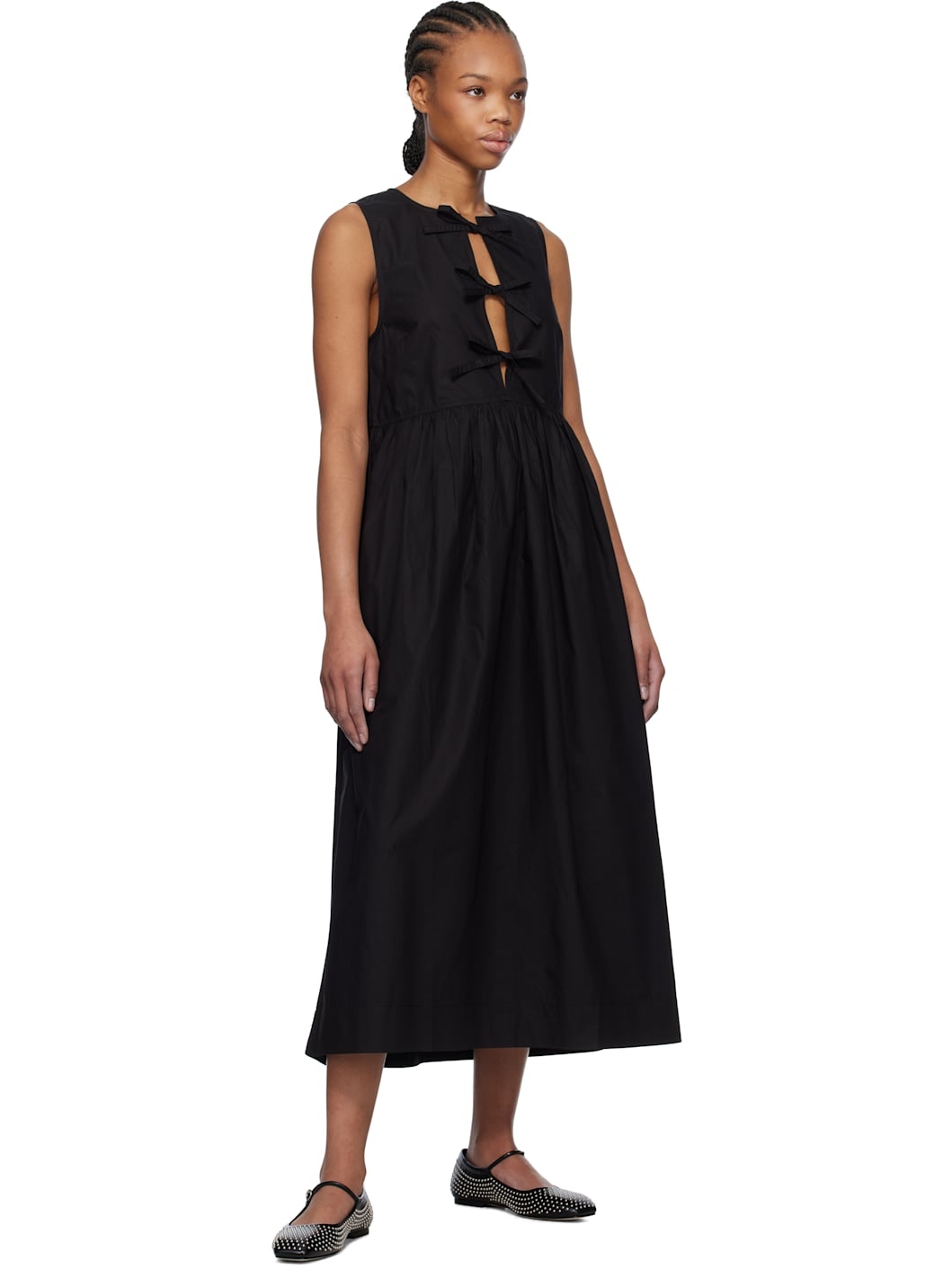 Black Cotton Poplin Midi Dress - 4