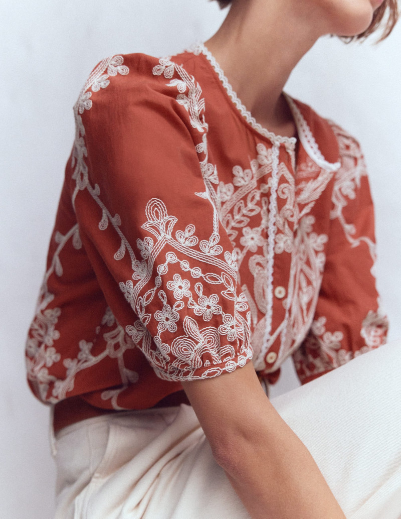 Leah Short Sleeve Interest Top-Red Floral Embroidery 3