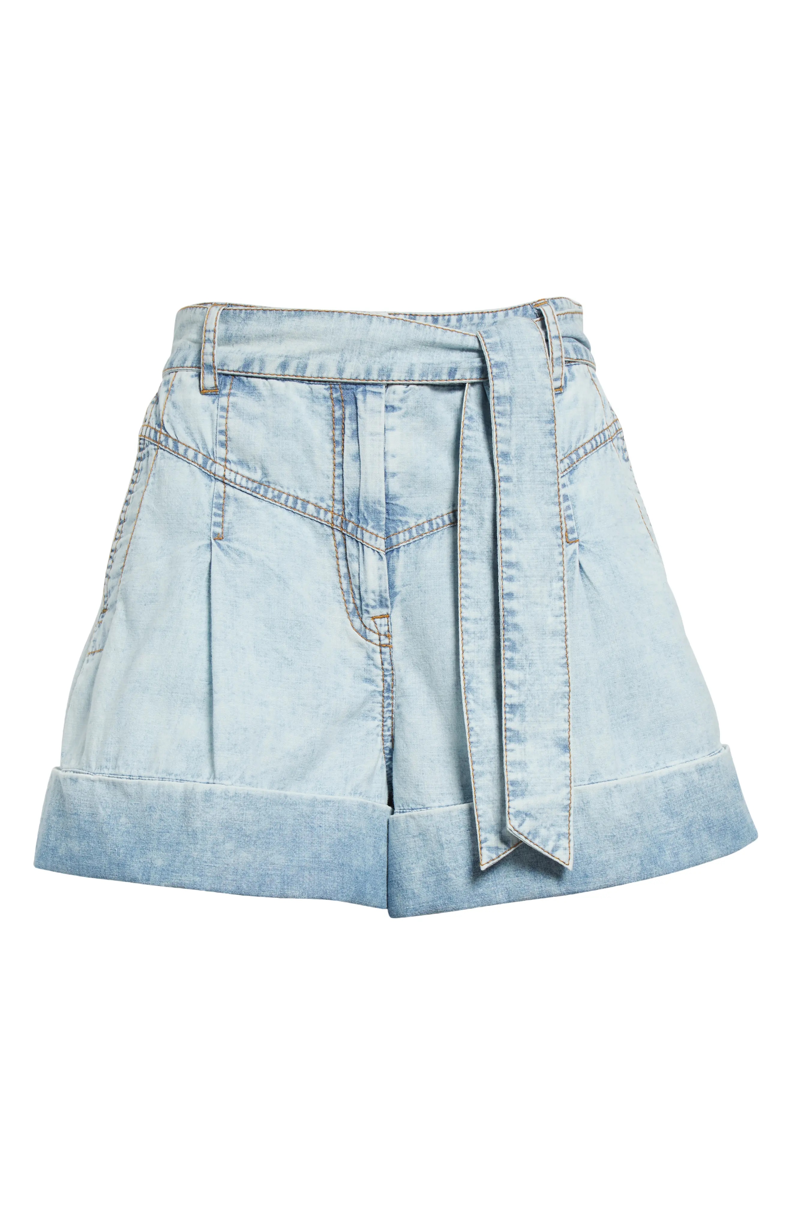 Belted Pleated Denim Shorts - 6