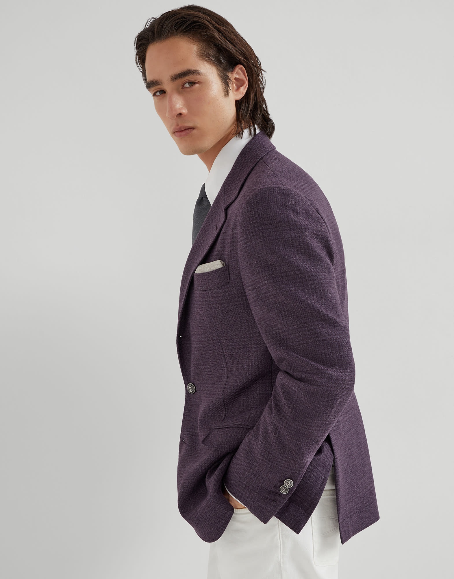 Wool, cashmere and silk tone-on-tone Prince of Wales deconstructed Cavallo blazer with metal buttons - 4
