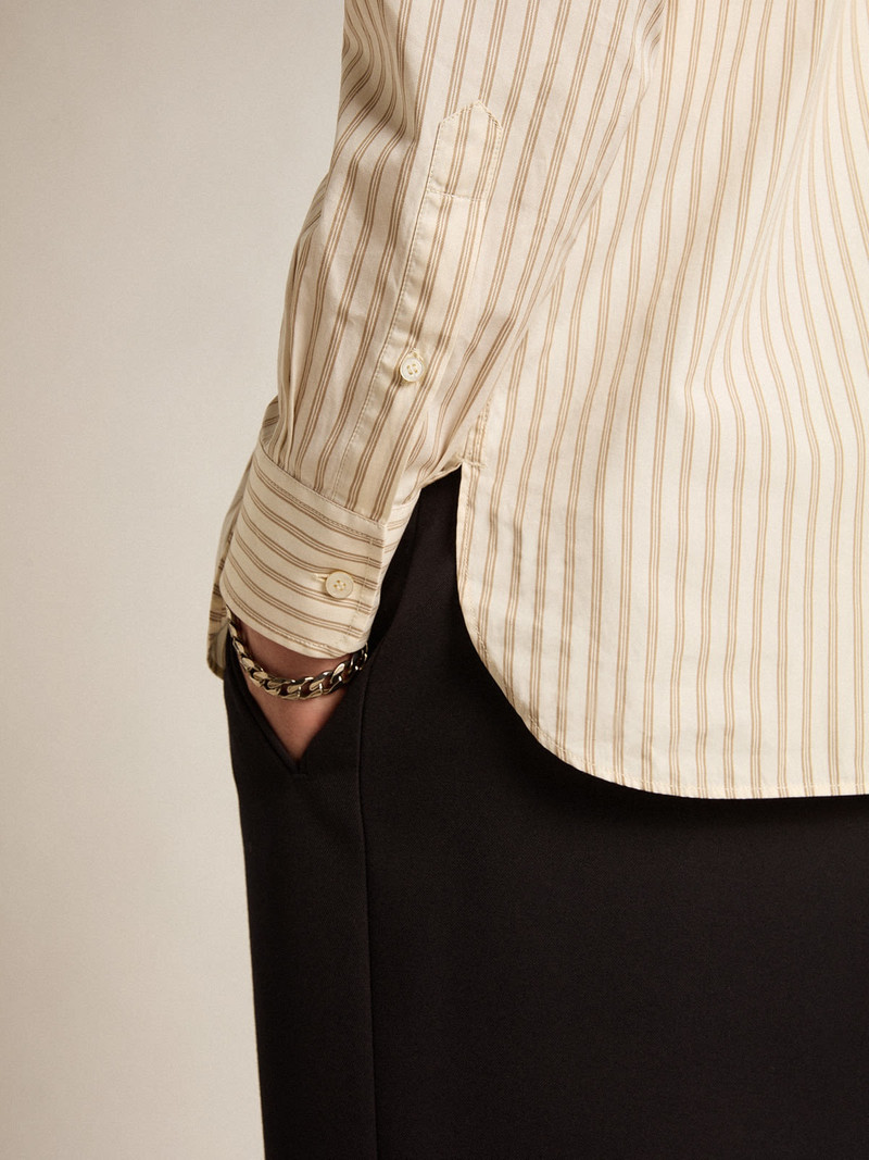 Men’s white cotton shirt with beige stripes 5