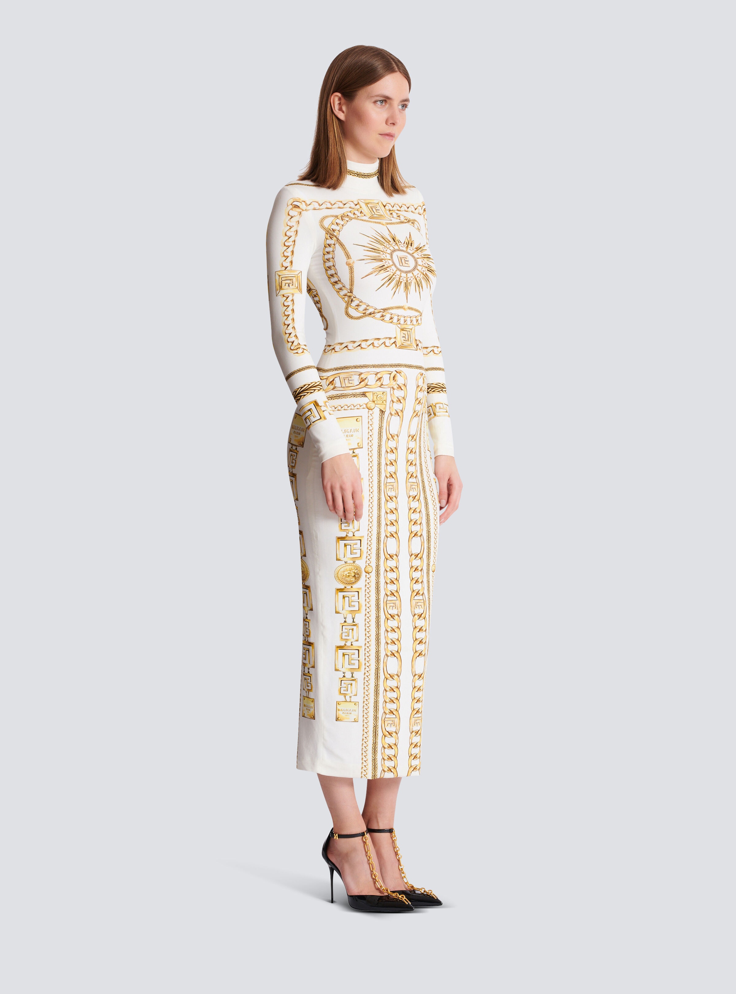 Long printed bodycon dress with Balmain Foulard pattern - 3