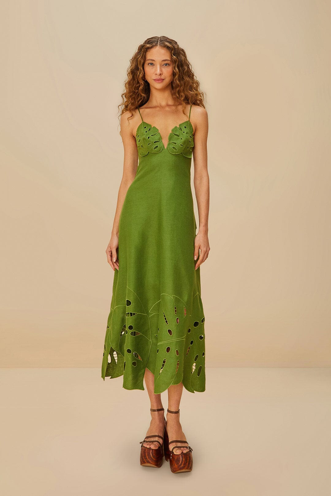 Green Monstera Embroidered Euroflax™ Premium Linen Midi Dress - 2