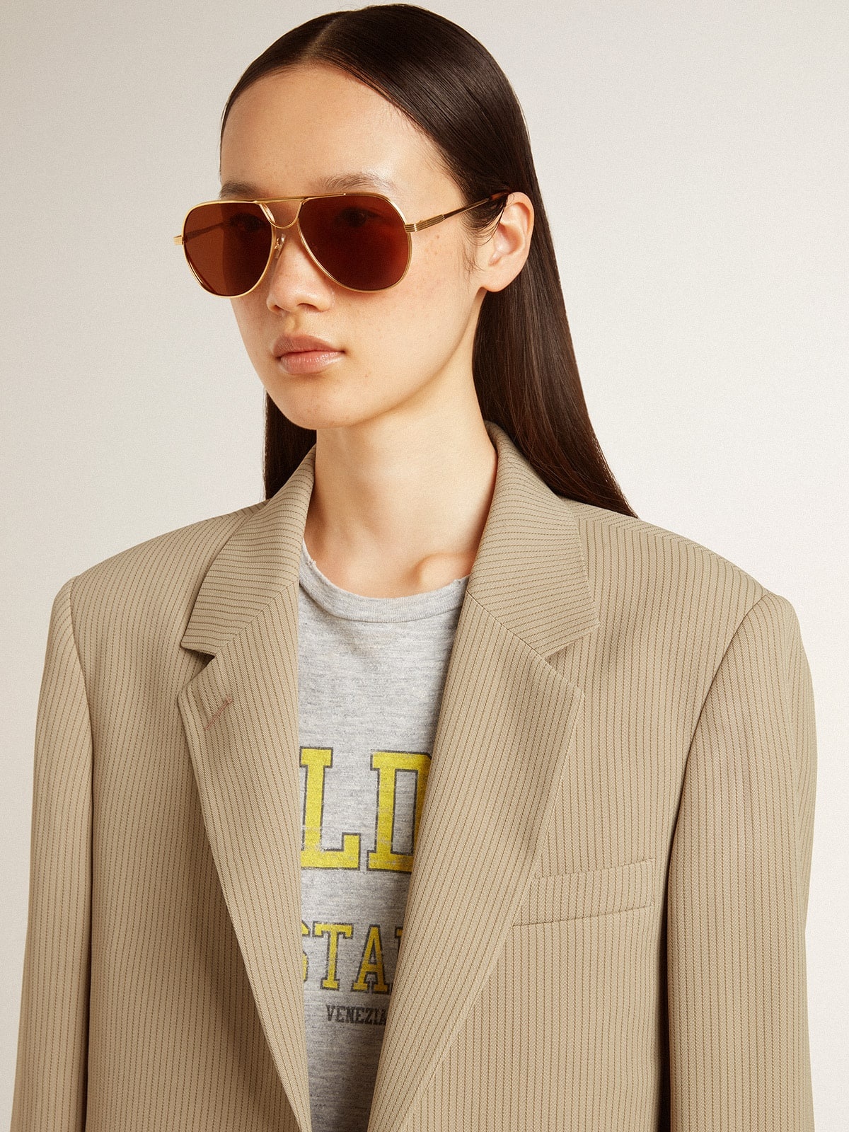 Women's beige pinstripe single-breasted jacket with an oversized fit - 5