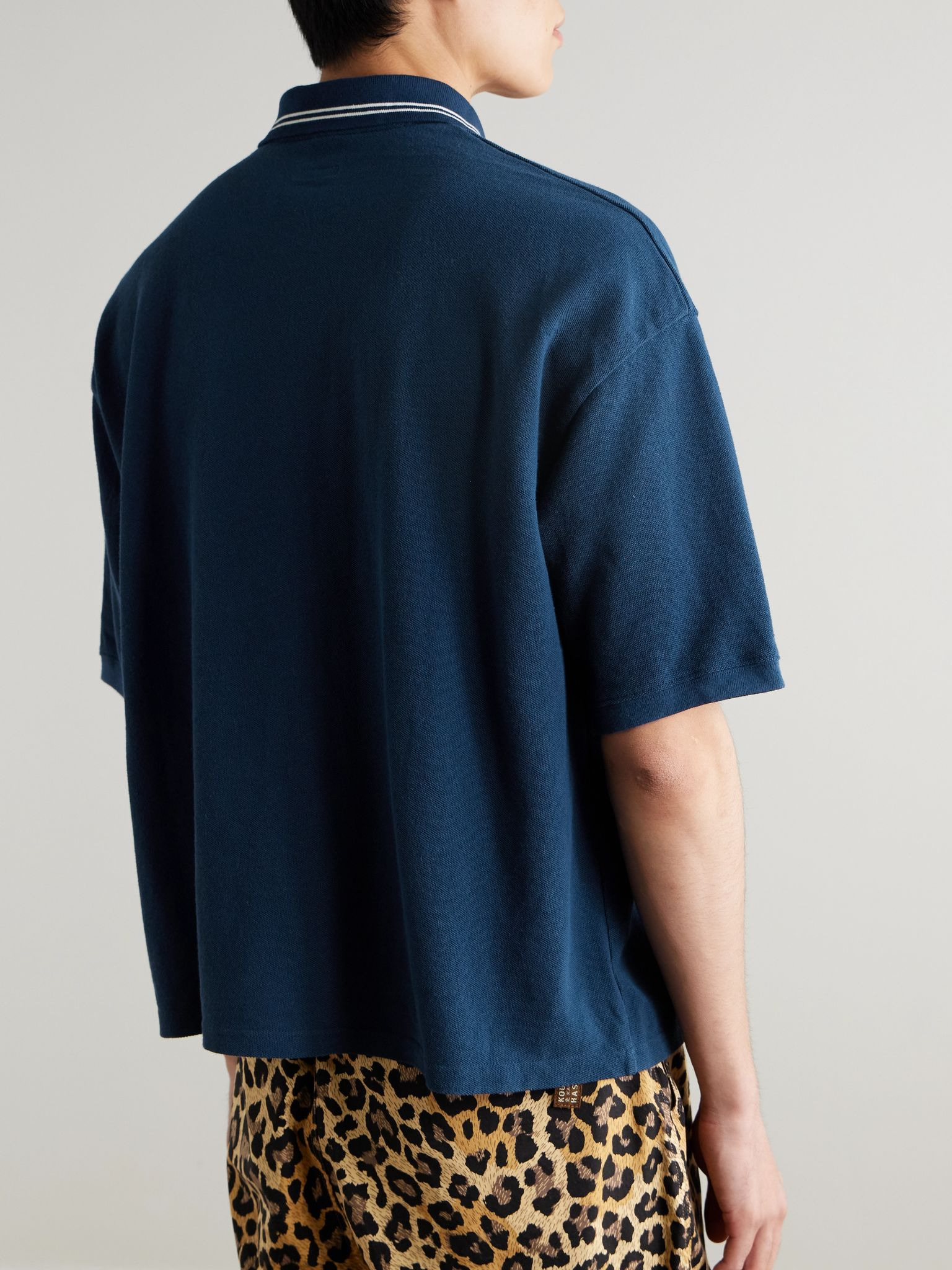 Box Striped Embroidered Cotton-Piqué Polo Shirt Navy - 3